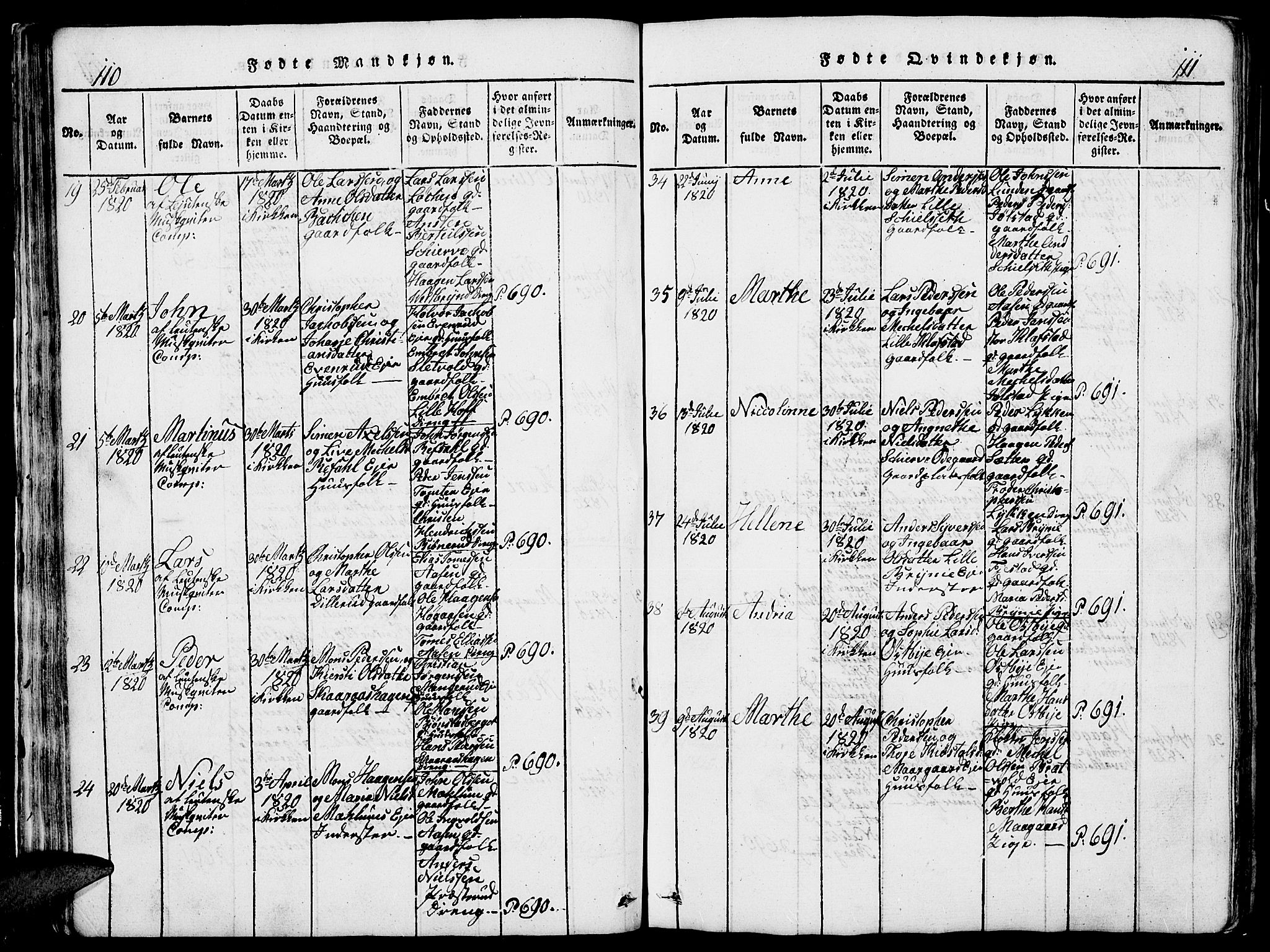 Romedal prestekontor, AV/SAH-PREST-004/L/L0005: Parish register (copy) no. 5, 1814-1829, p. 110-111