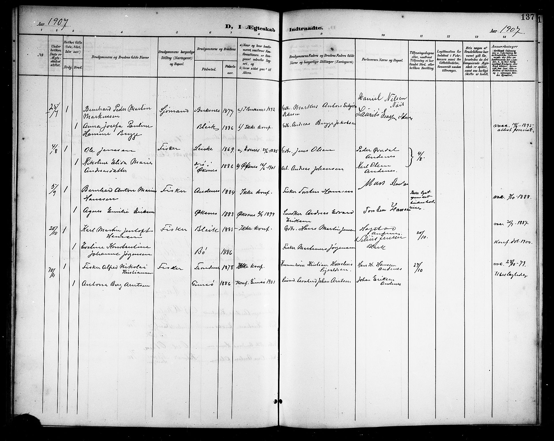 Ministerialprotokoller, klokkerbøker og fødselsregistre - Nordland, SAT/A-1459/899/L1449: Parish register (copy) no. 899C04, 1900-1918, p. 137