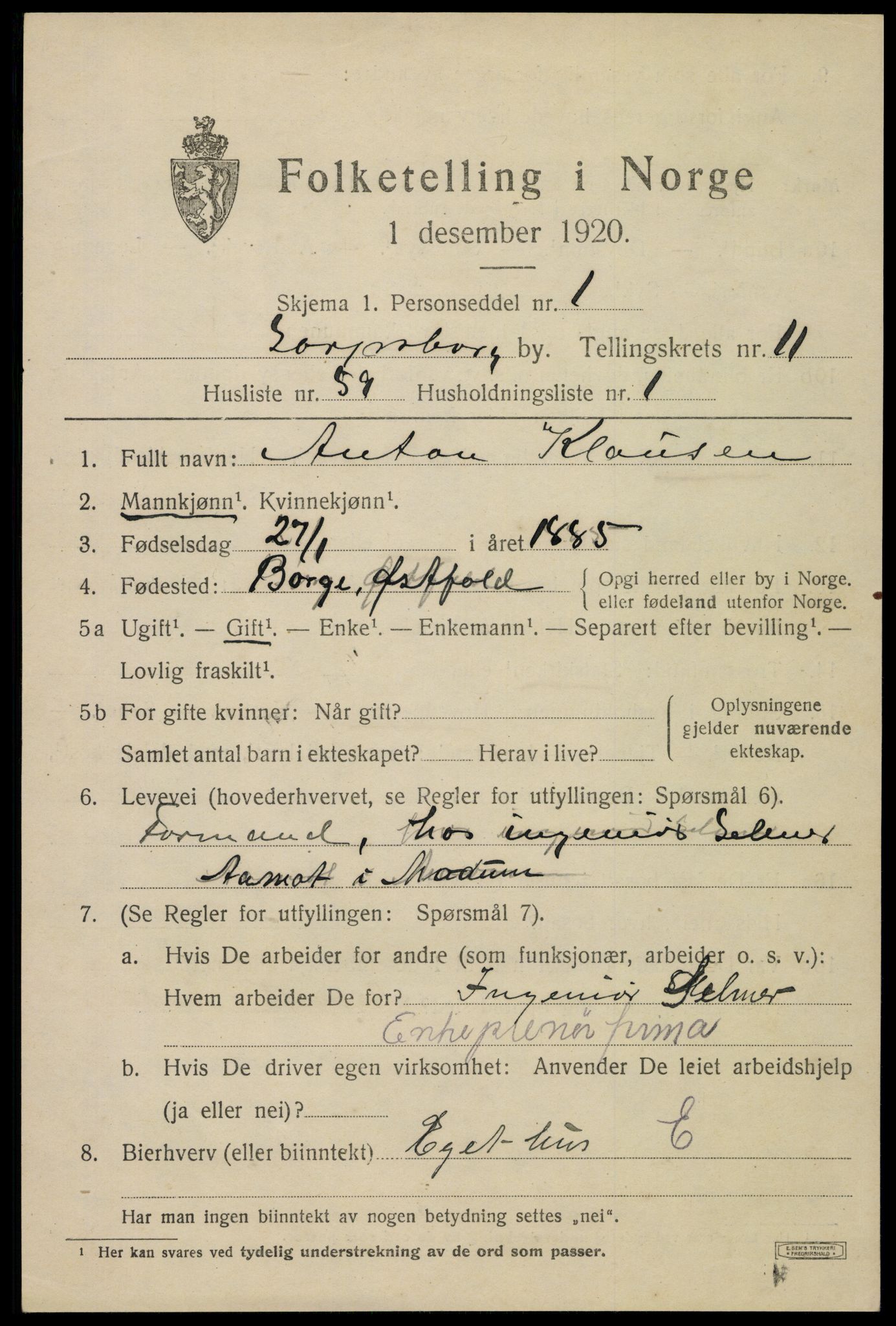 SAO, 1920 census for Sarpsborg, 1920, p. 23964