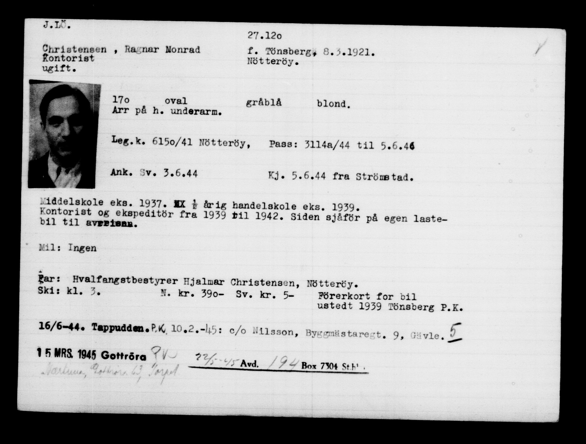 Utenriksstasjonene, Legasjonen i Stockholm, Flyktningkontoret, AV/RA-S-6753/V/Va/L0011: Kjesäterkartoteket, flyktninger med registreringsnr. 25300-28349, 1940-1945, p. 1921