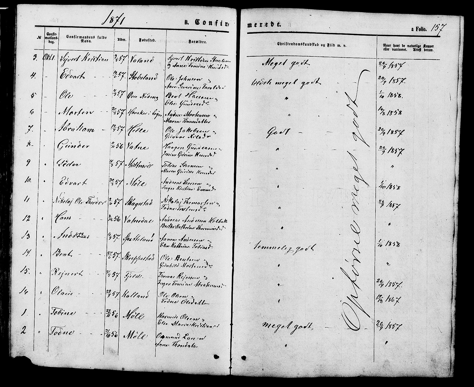 Holum sokneprestkontor, SAK/1111-0022/F/Fb/Fba/L0004: Parish register (copy) no. B 4, 1867-1890, p. 157