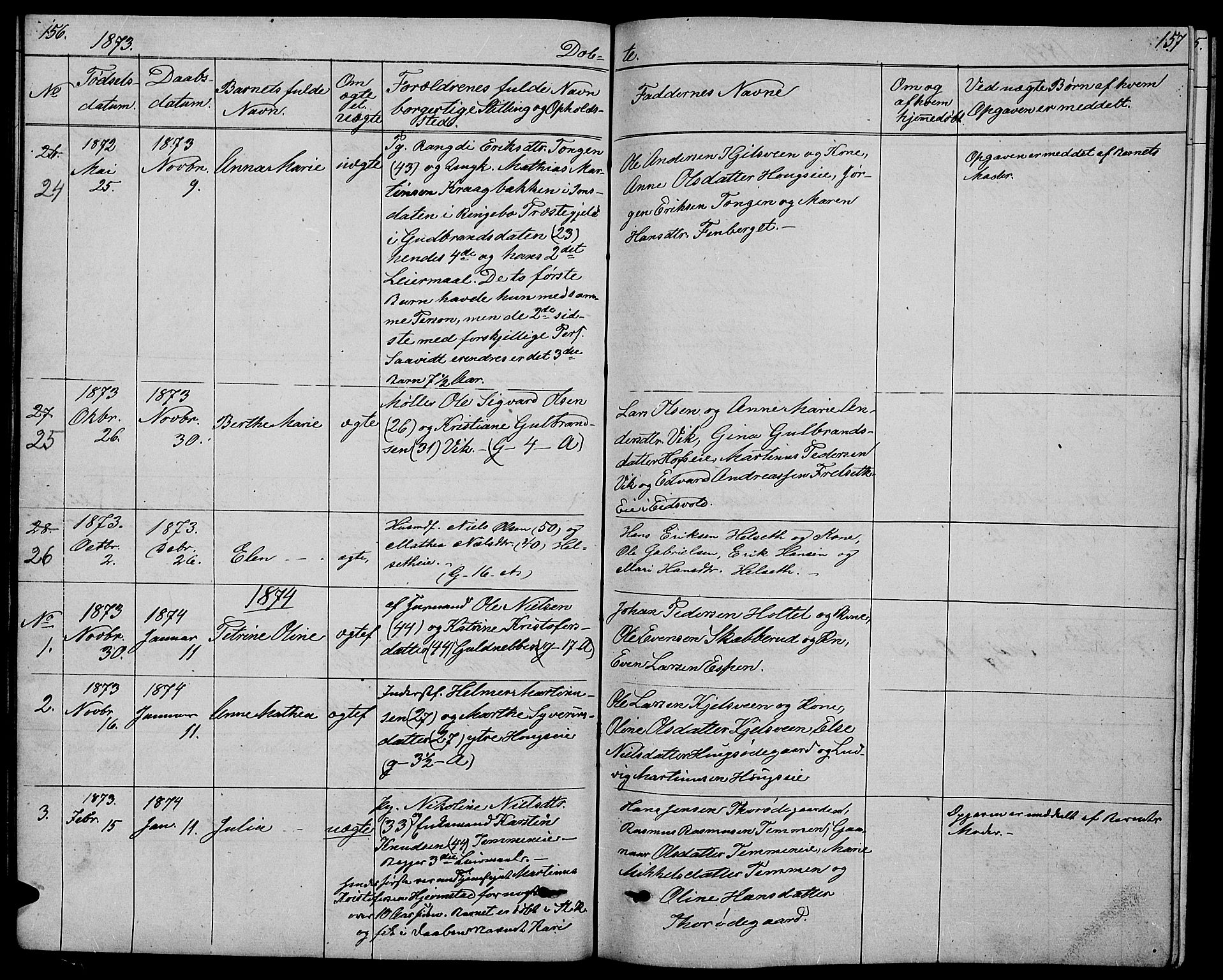 Stange prestekontor, SAH/PREST-002/L/L0005: Parish register (copy) no. 5, 1861-1881, p. 156-157