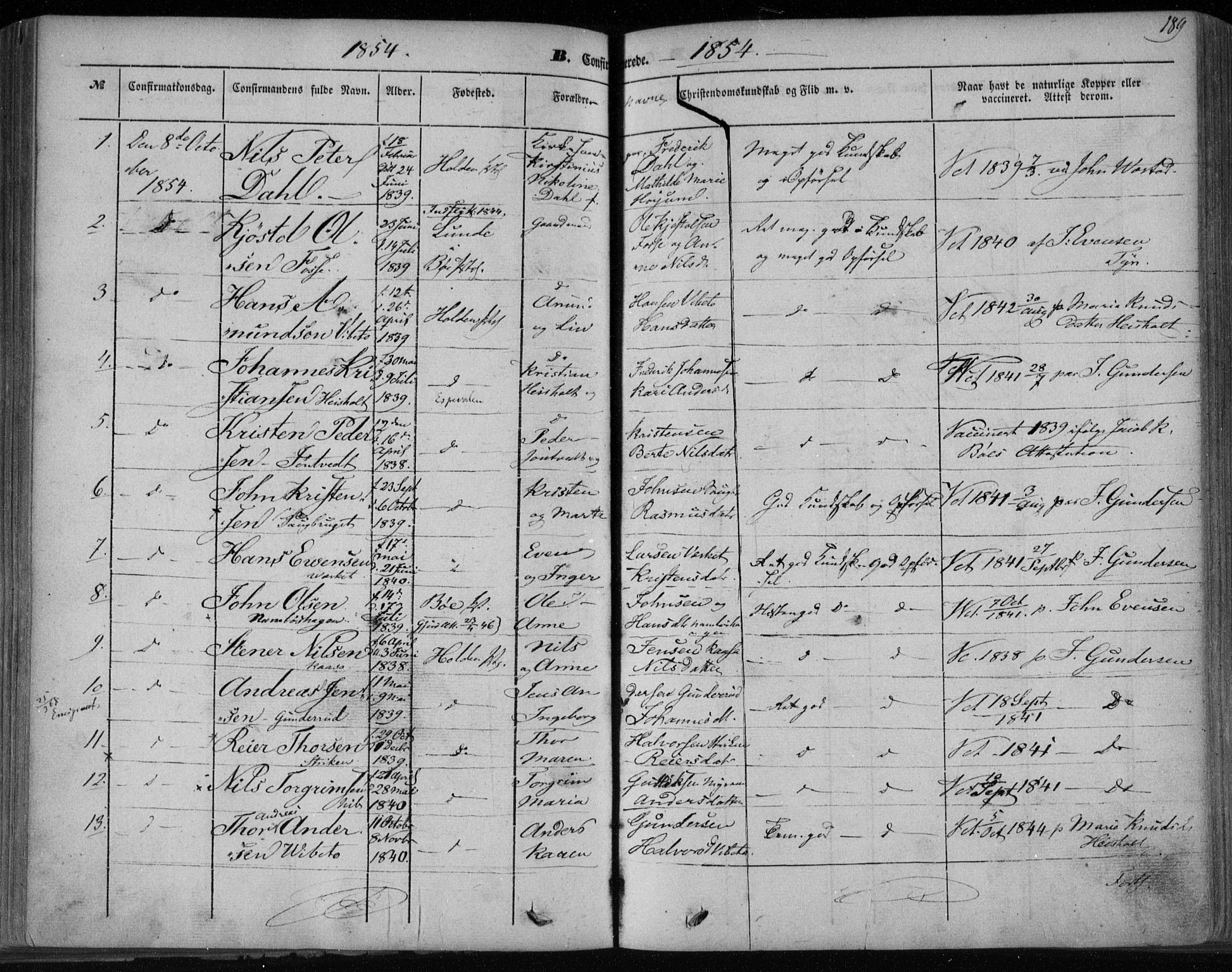 Holla kirkebøker, SAKO/A-272/F/Fa/L0005: Parish register (official) no. 5, 1849-1860, p. 189