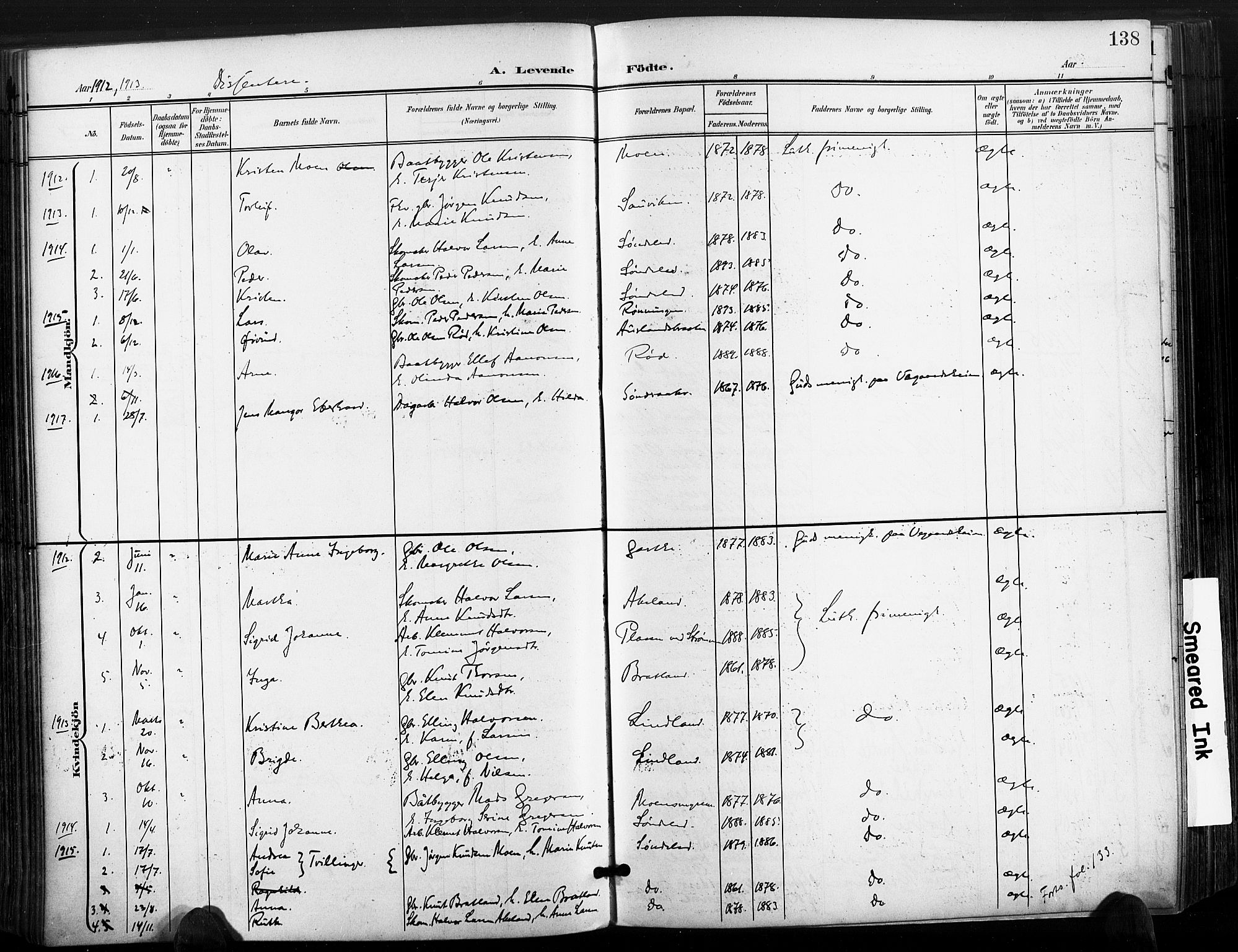 Søndeled sokneprestkontor, SAK/1111-0038/F/Fa/L0006: Parish register (official) no. A 6, 1900-1922, p. 138