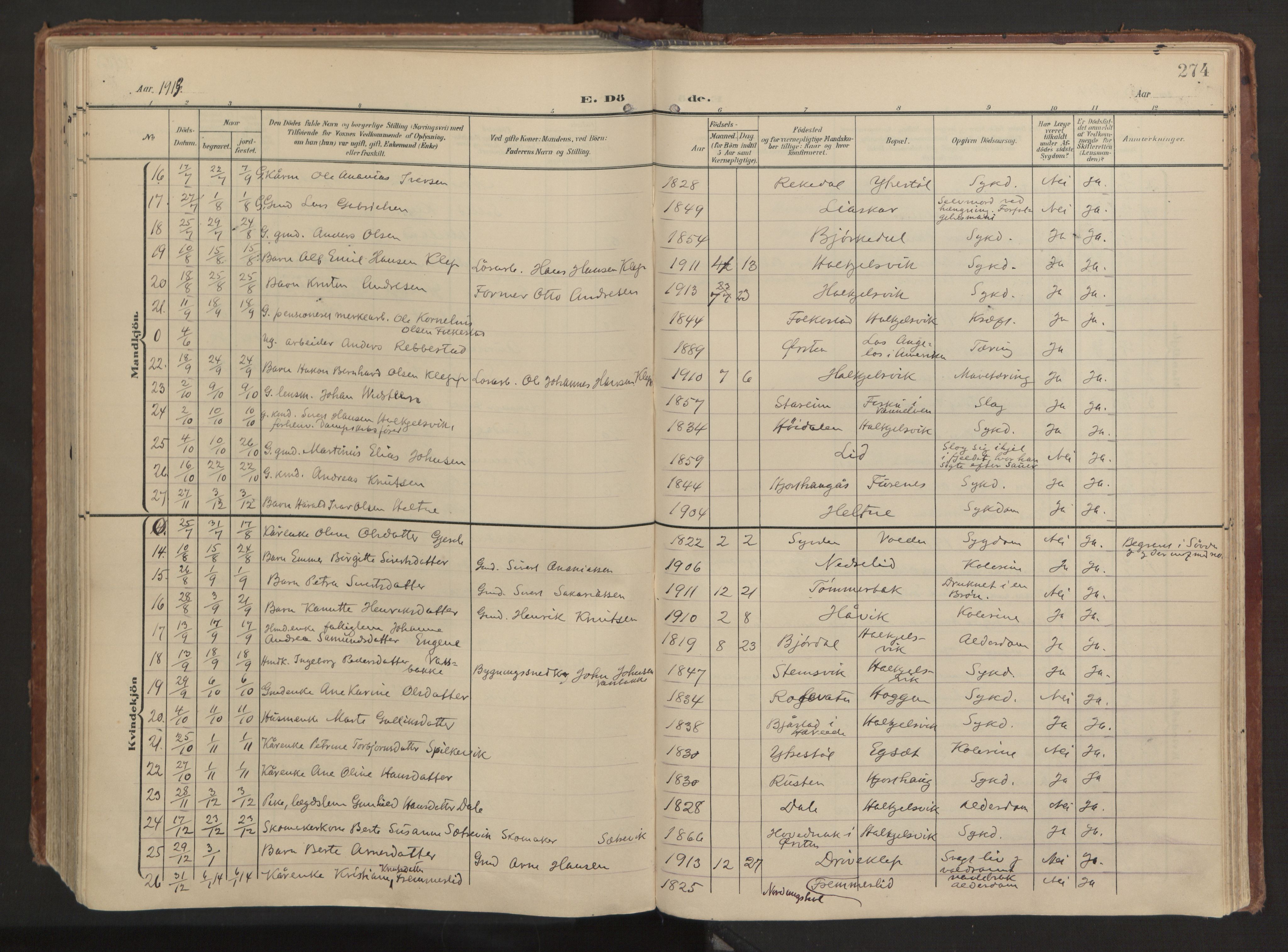 Ministerialprotokoller, klokkerbøker og fødselsregistre - Møre og Romsdal, AV/SAT-A-1454/511/L0144: Parish register (official) no. 511A11, 1906-1923, p. 274