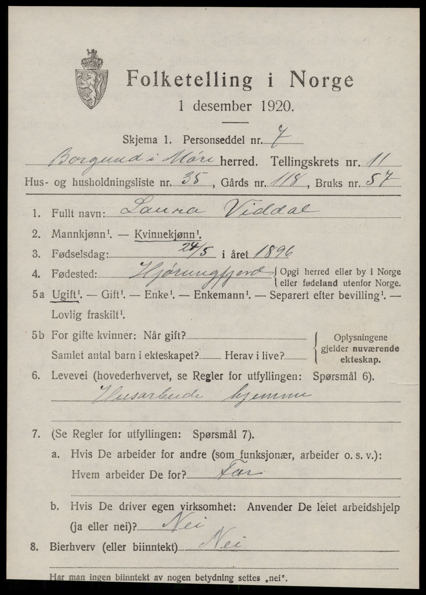 SAT, 1920 census for Borgund, 1920, p. 10328