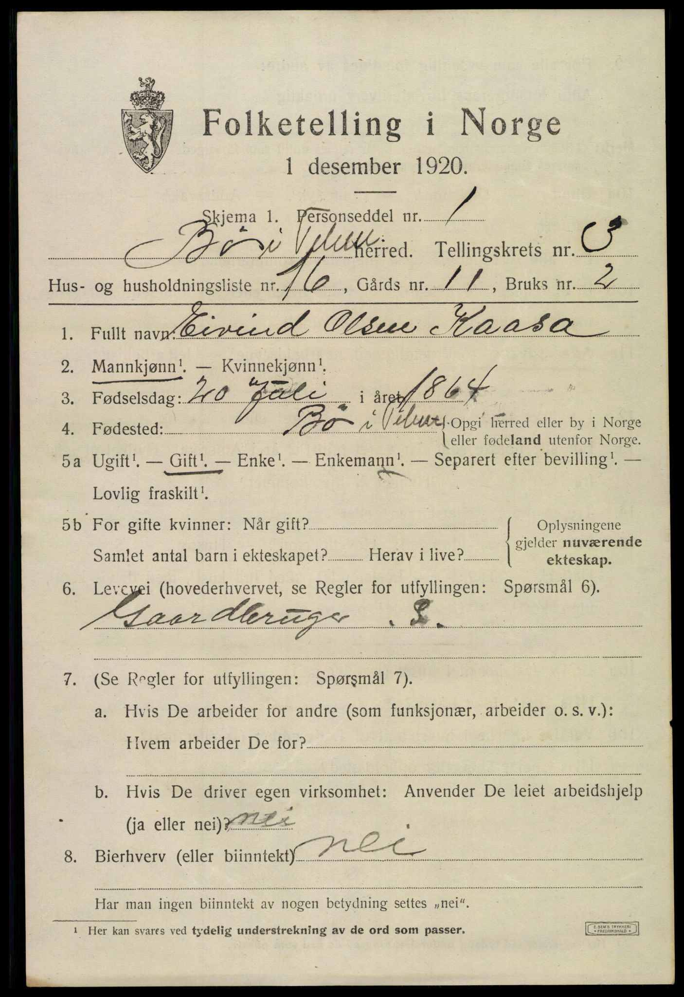 SAKO, 1920 census for Bø (Telemark), 1920, p. 2818