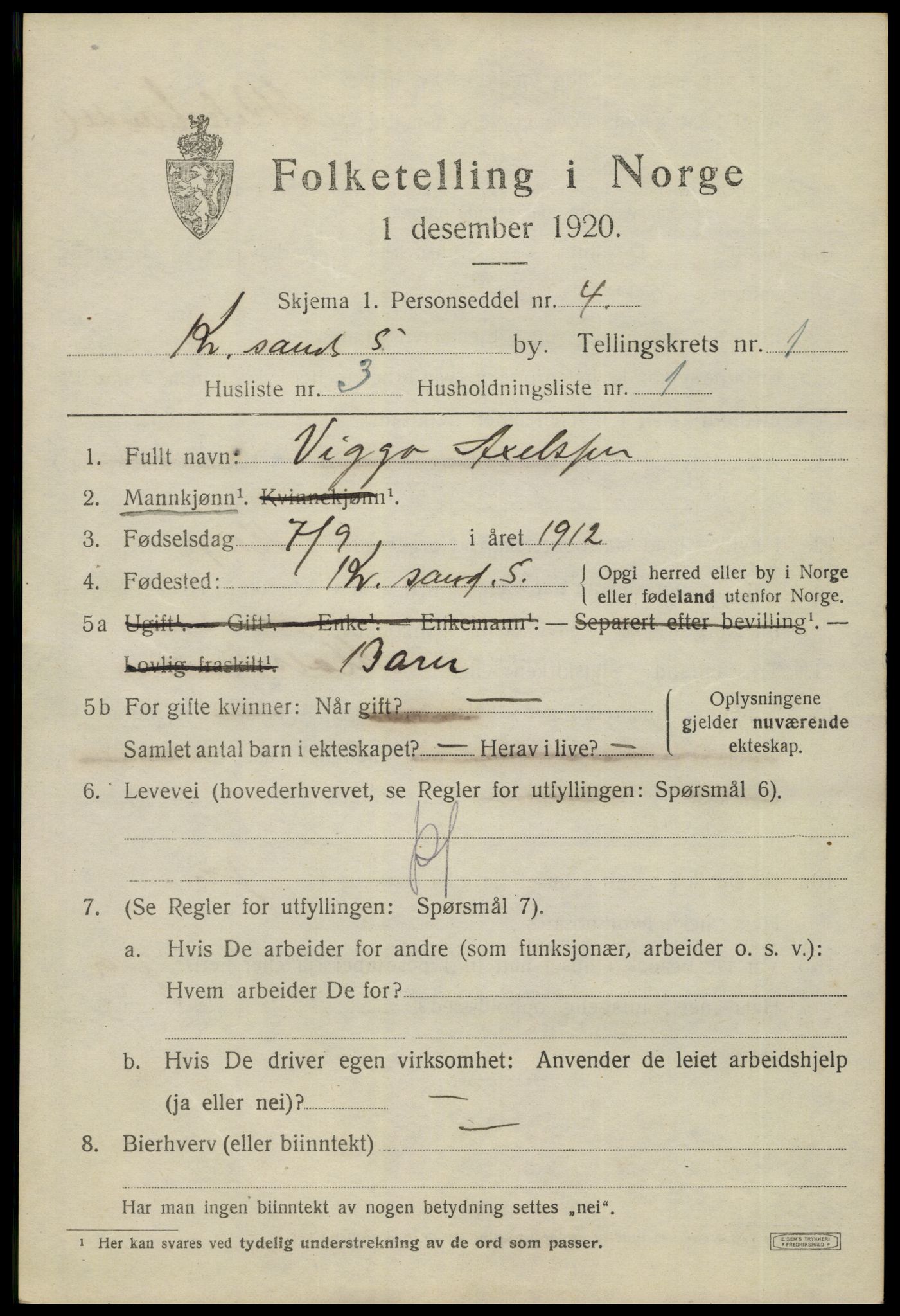 SAK, 1920 census for Kristiansand, 1920, p. 11137