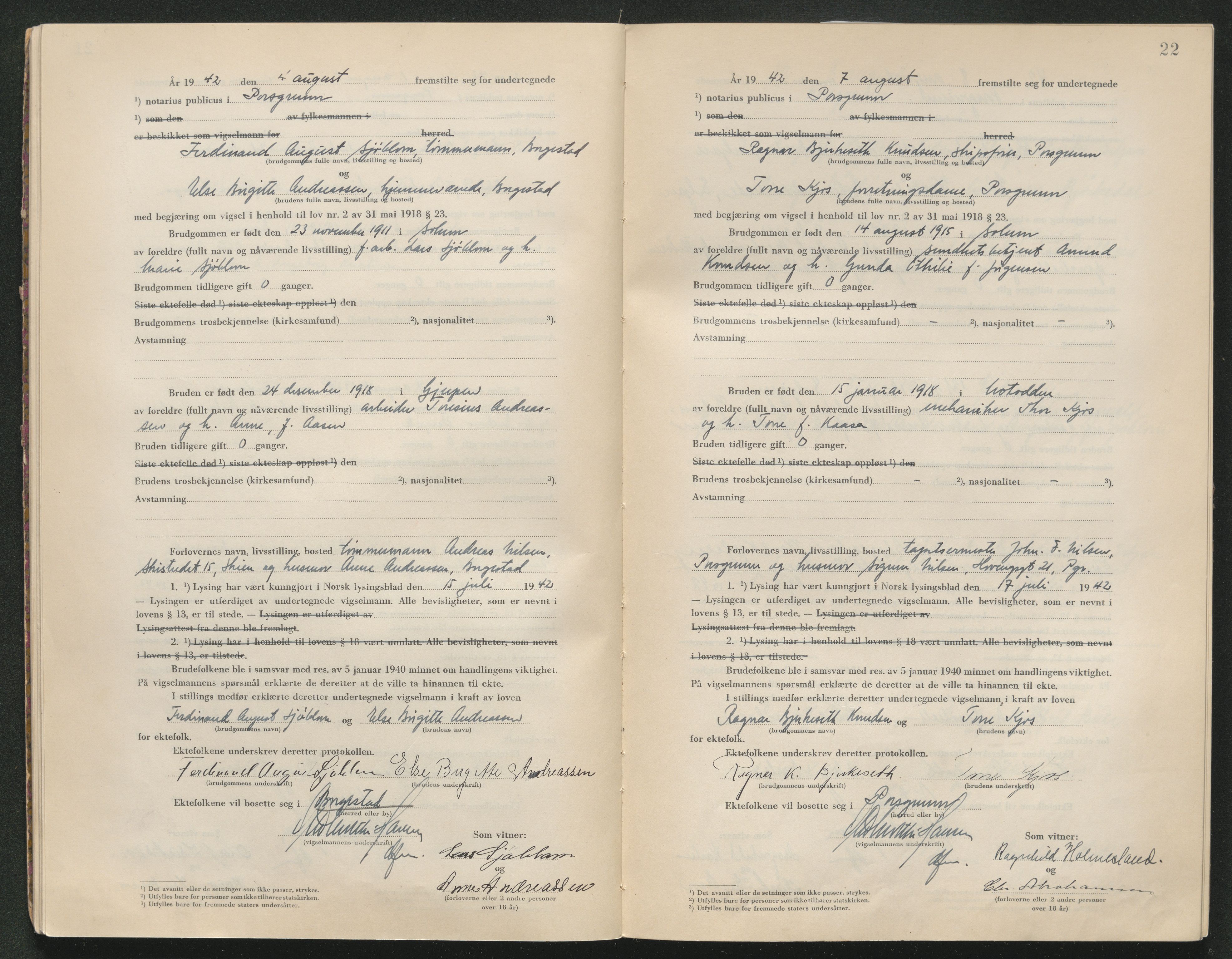 Gjerpen sorenskriveri, SAKO/A-216/L/Lb/L0001: Vigselsprotokoll, 1920-1948, p. 22