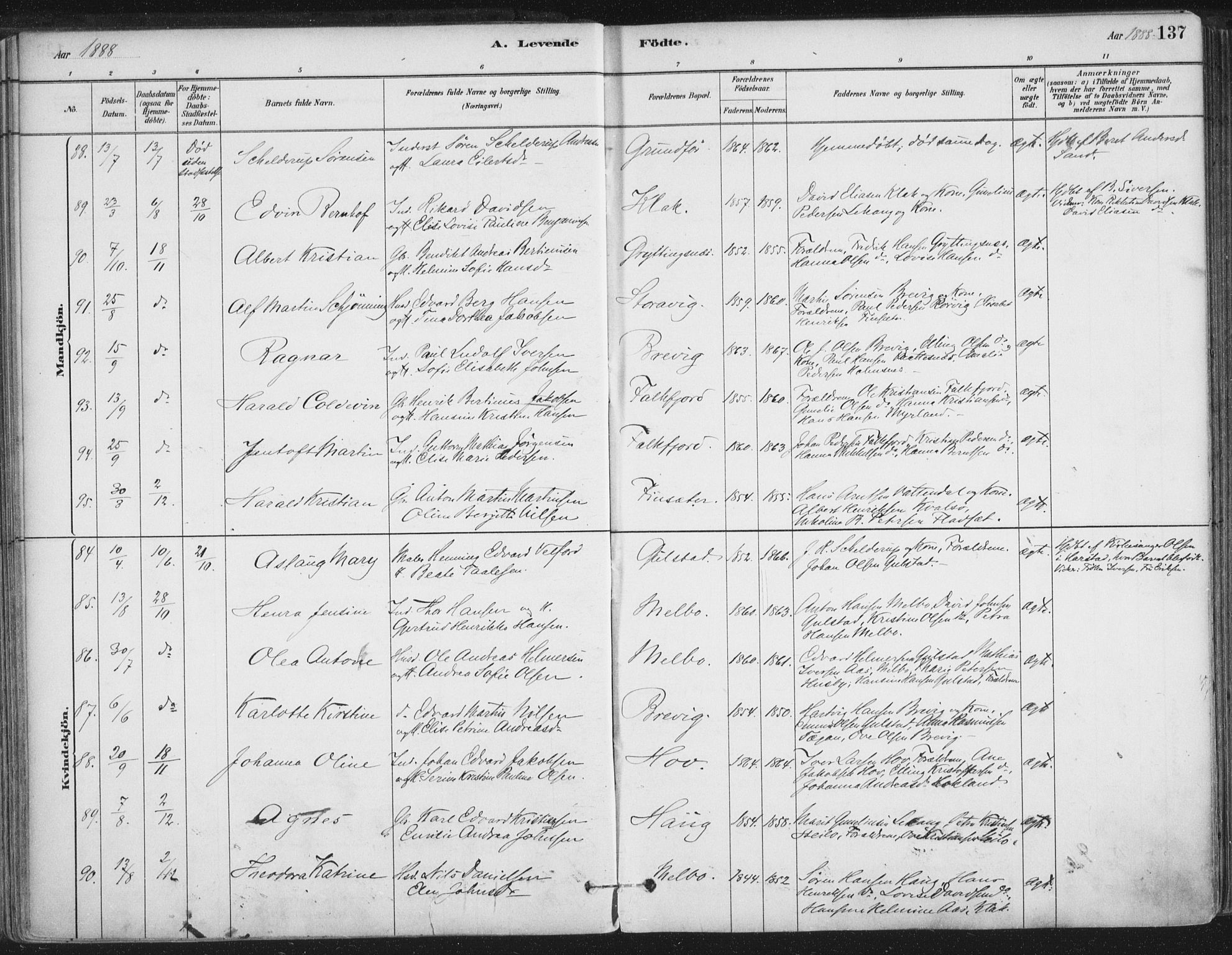 Ministerialprotokoller, klokkerbøker og fødselsregistre - Nordland, SAT/A-1459/888/L1244: Parish register (official) no. 888A10, 1880-1890, p. 137