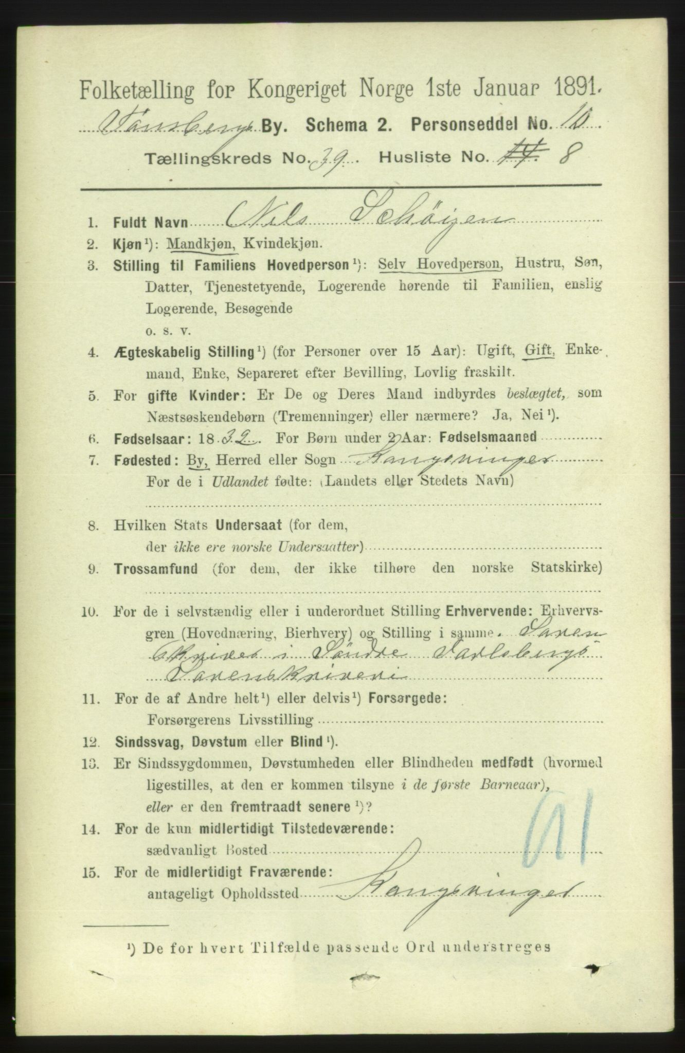 RA, 1891 census for 0705 Tønsberg, 1891, p. 8607