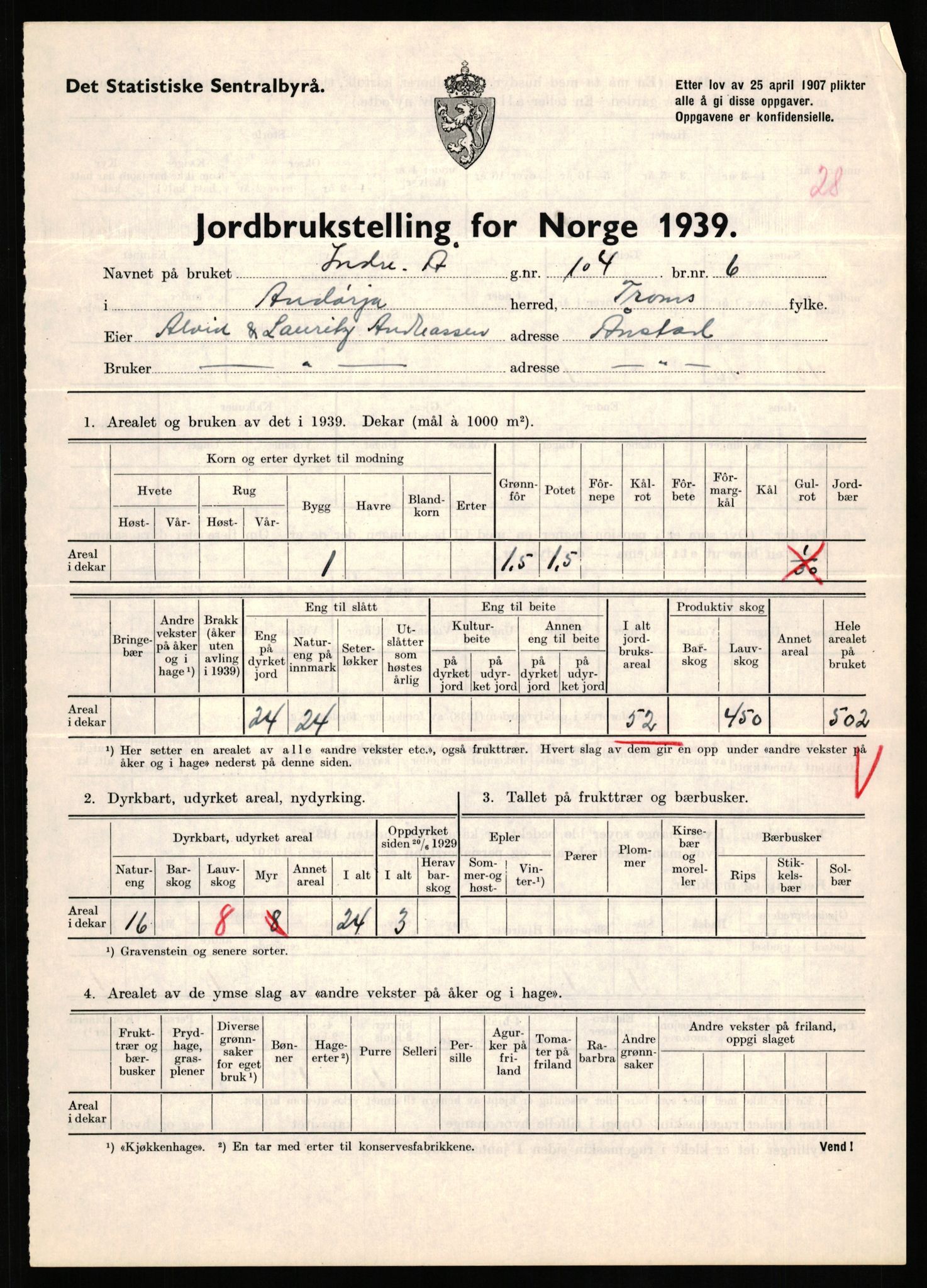 Statistisk sentralbyrå, Næringsøkonomiske emner, Jordbruk, skogbruk, jakt, fiske og fangst, AV/RA-S-2234/G/Gb/L0339: Troms: Andørja, Astafjord og Lavangen, 1939, p. 803