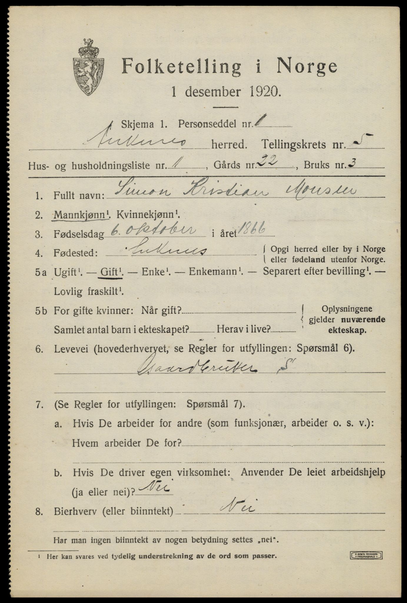 SAT, 1920 census for Ankenes, 1920, p. 3109