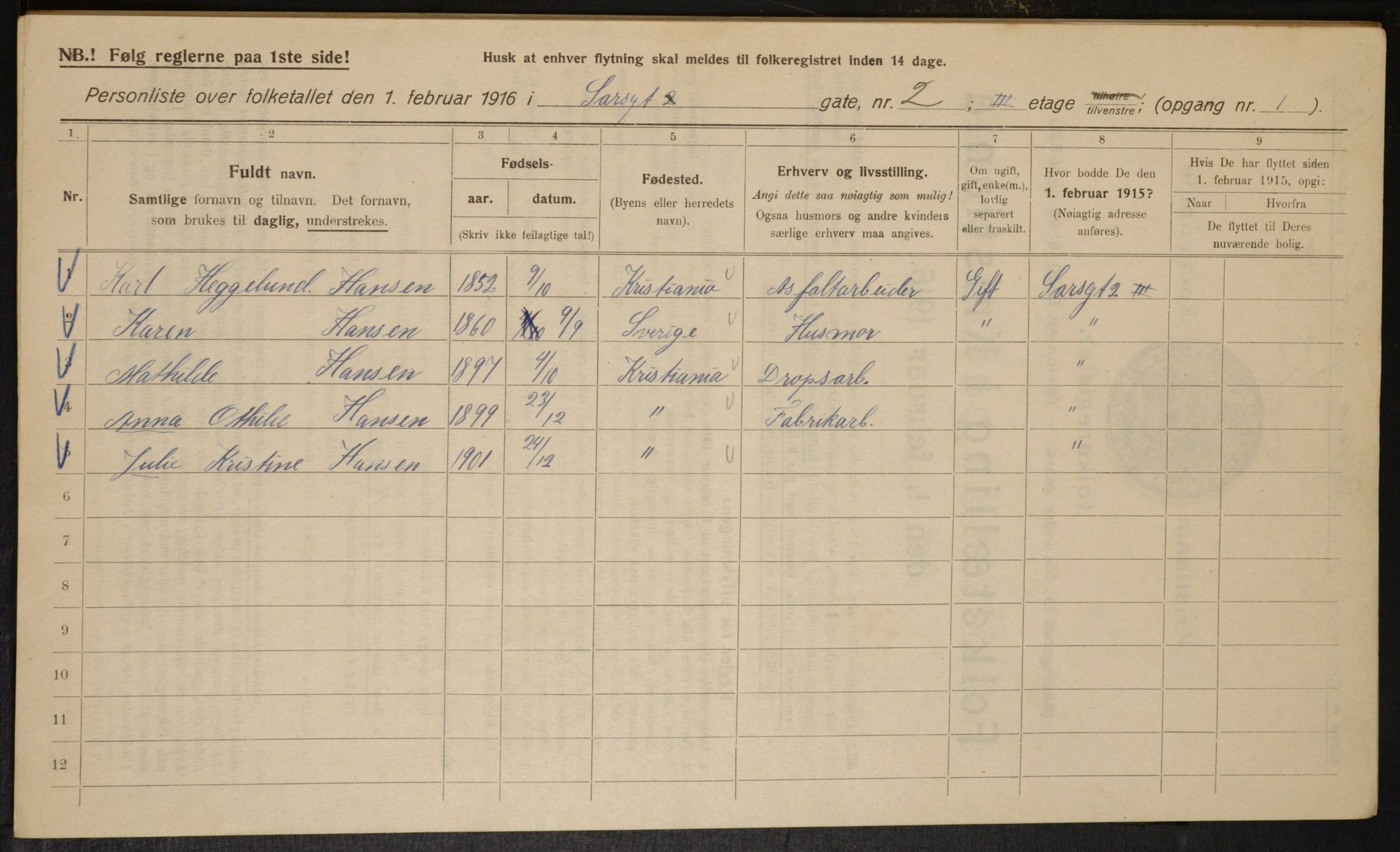 OBA, Municipal Census 1916 for Kristiania, 1916, p. 91422