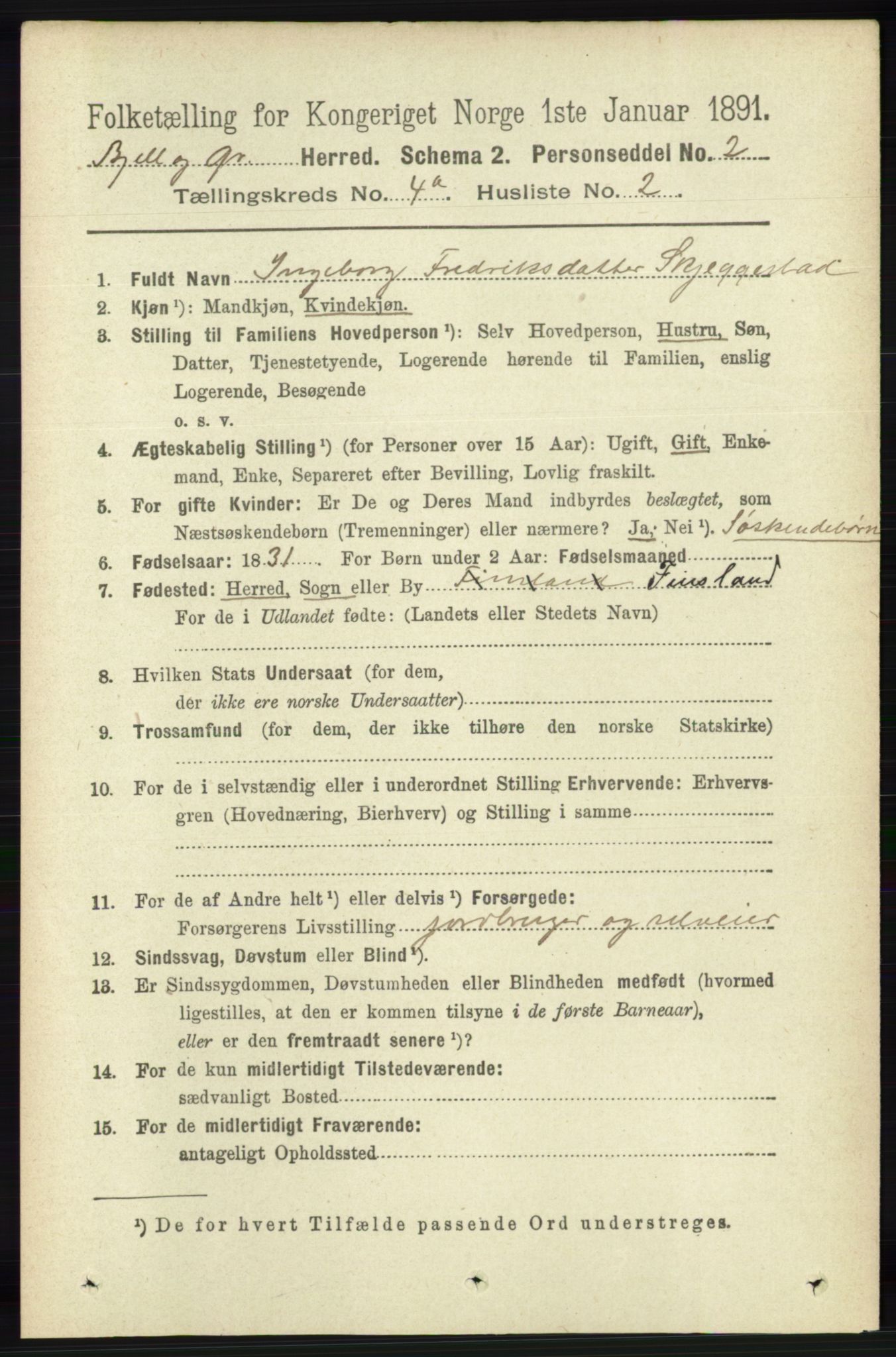 RA, 1891 census for 1024 Bjelland og Grindheim, 1891, p. 2087