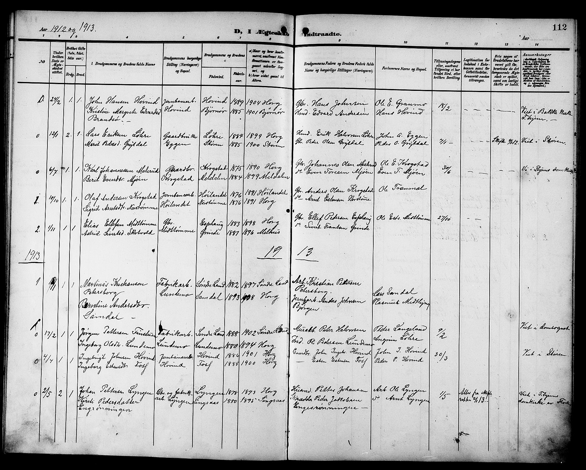 Ministerialprotokoller, klokkerbøker og fødselsregistre - Sør-Trøndelag, SAT/A-1456/692/L1112: Parish register (copy) no. 692C07, 1904-1918, p. 112
