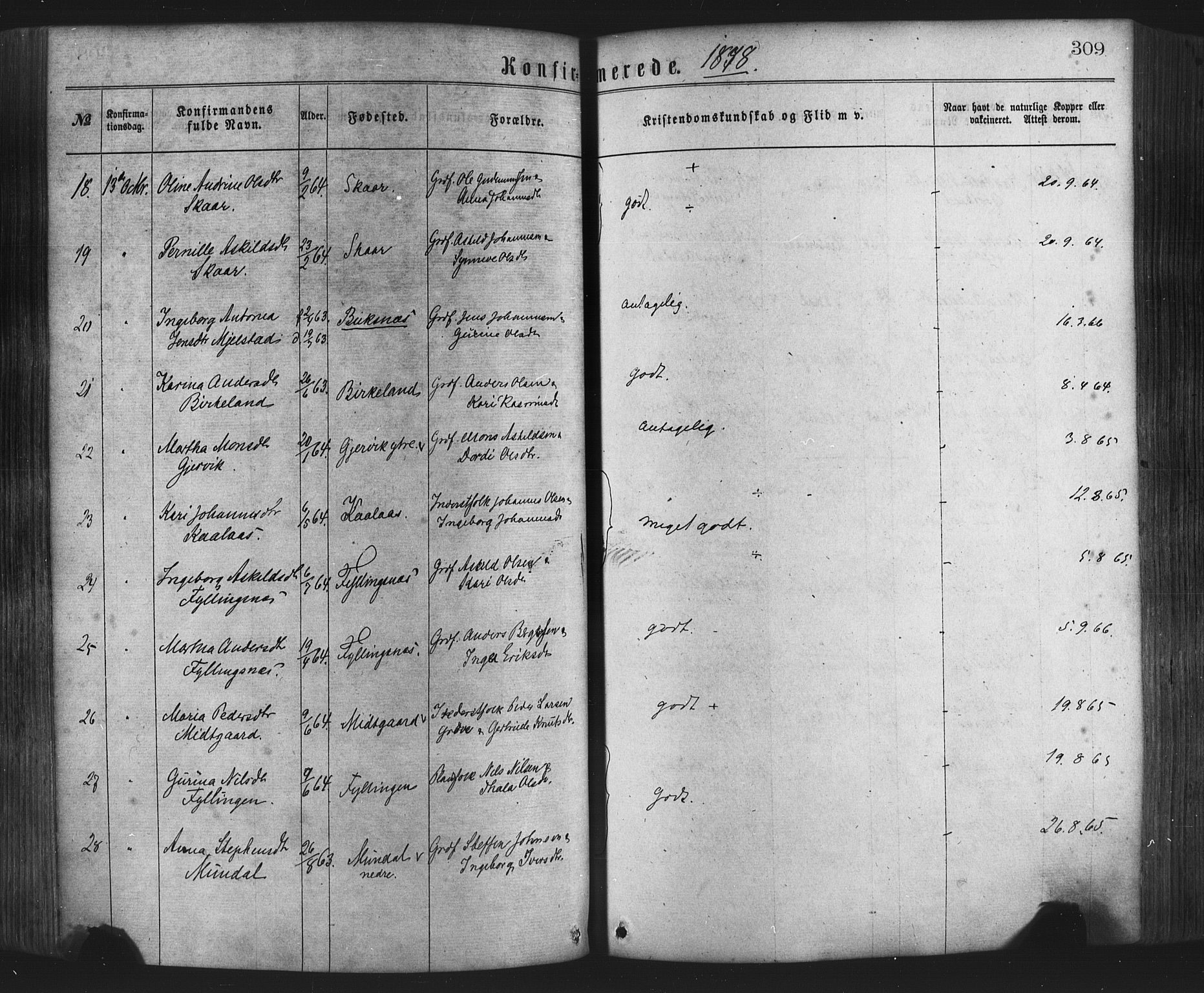 Hamre sokneprestembete, AV/SAB-A-75501/H/Ha/Haa/Haaa/L0015: Parish register (official) no. A 15, 1870-1881, p. 309