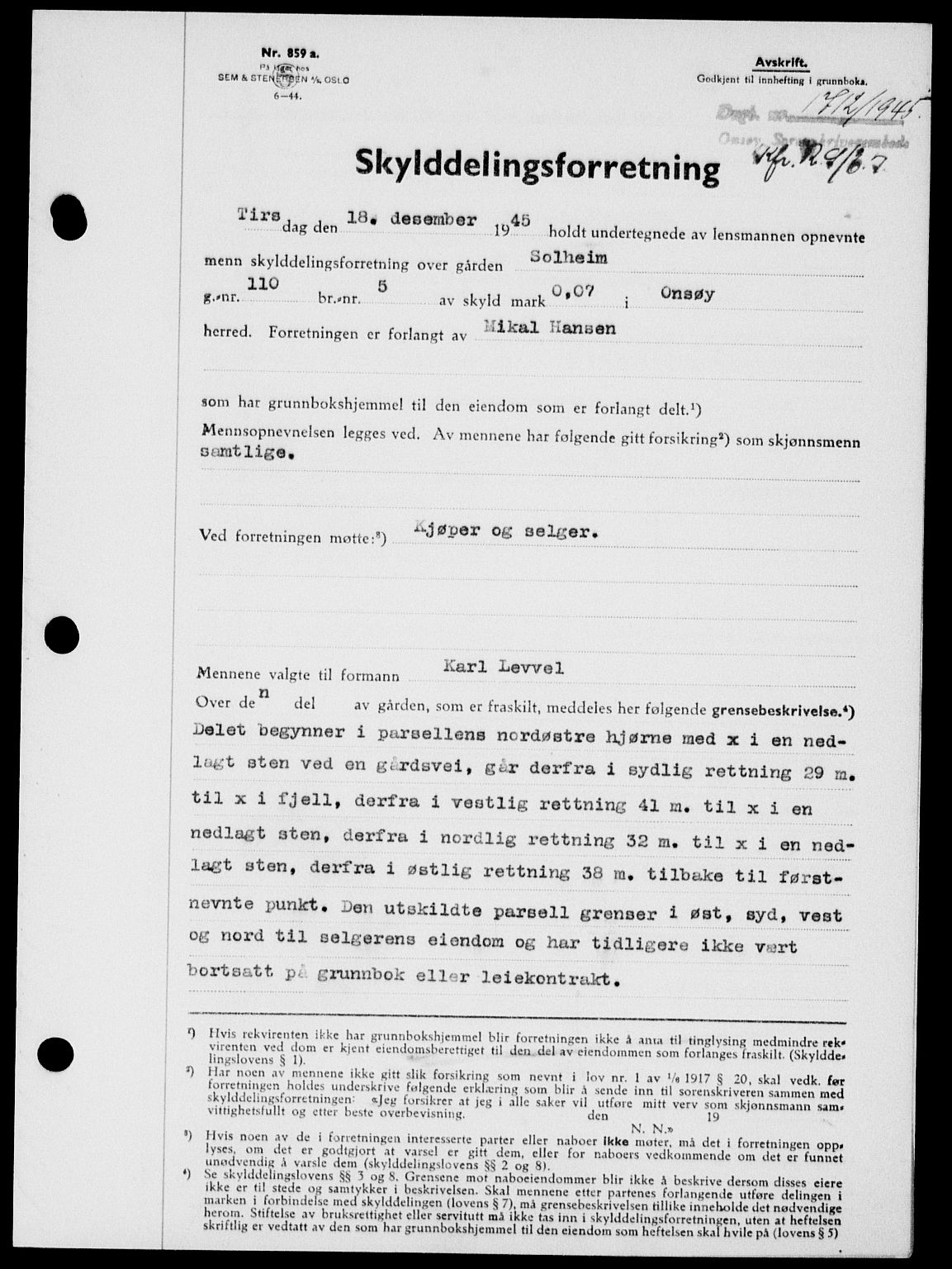 Onsøy sorenskriveri, SAO/A-10474/G/Ga/Gab/L0015: Mortgage book no. II A-15, 1945-1946, Diary no: : 1712/1945