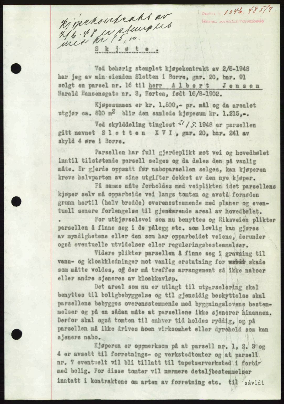 Horten sorenskriveri, AV/SAKO-A-133/G/Ga/Gaa/L0010: Mortgage book no. A-10, 1947-1948, Diary no: : 1046/1948