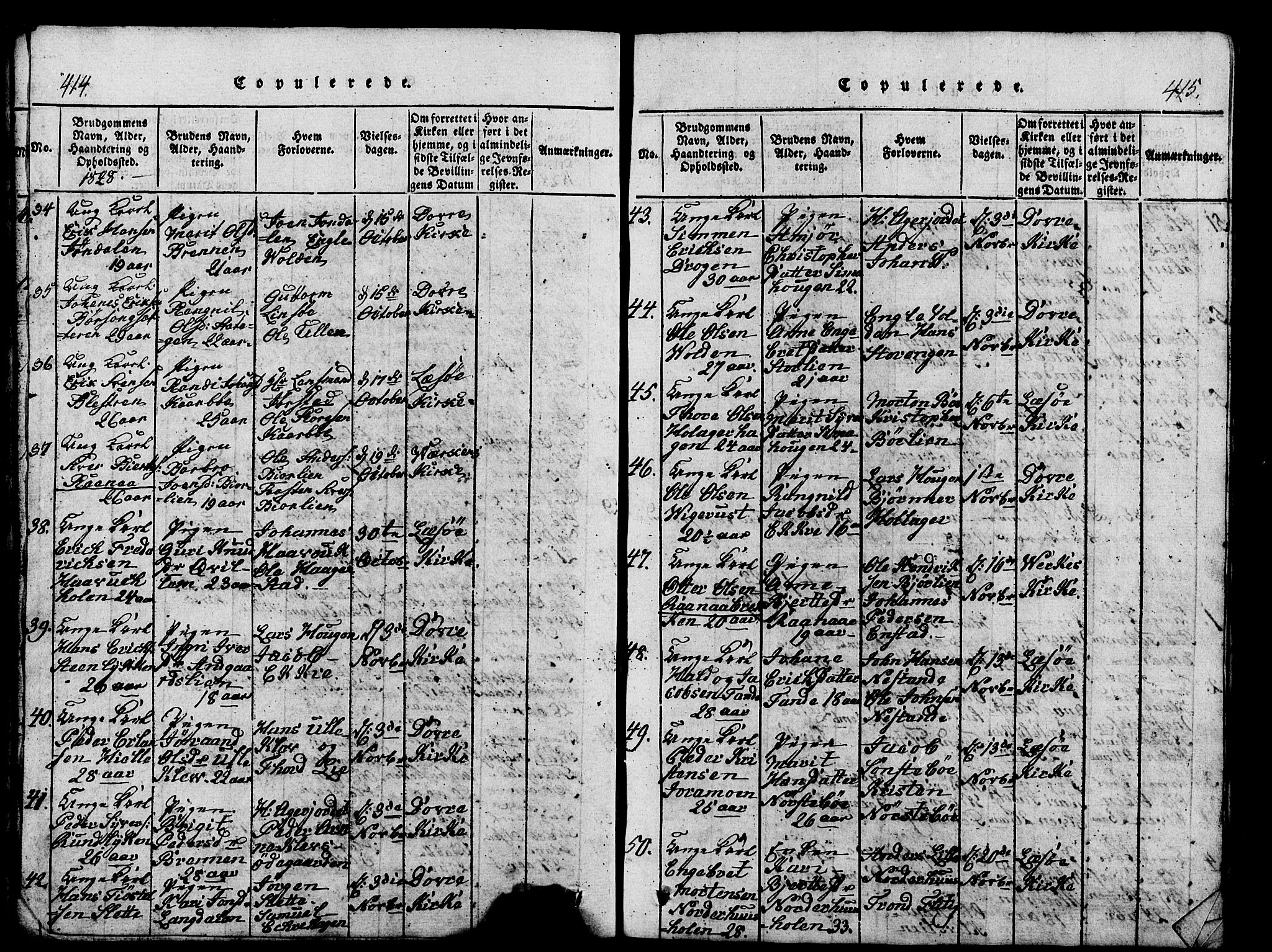 Lesja prestekontor, SAH/PREST-068/H/Ha/Hab/L0001: Parish register (copy) no. 1, 1820-1831, p. 414-415