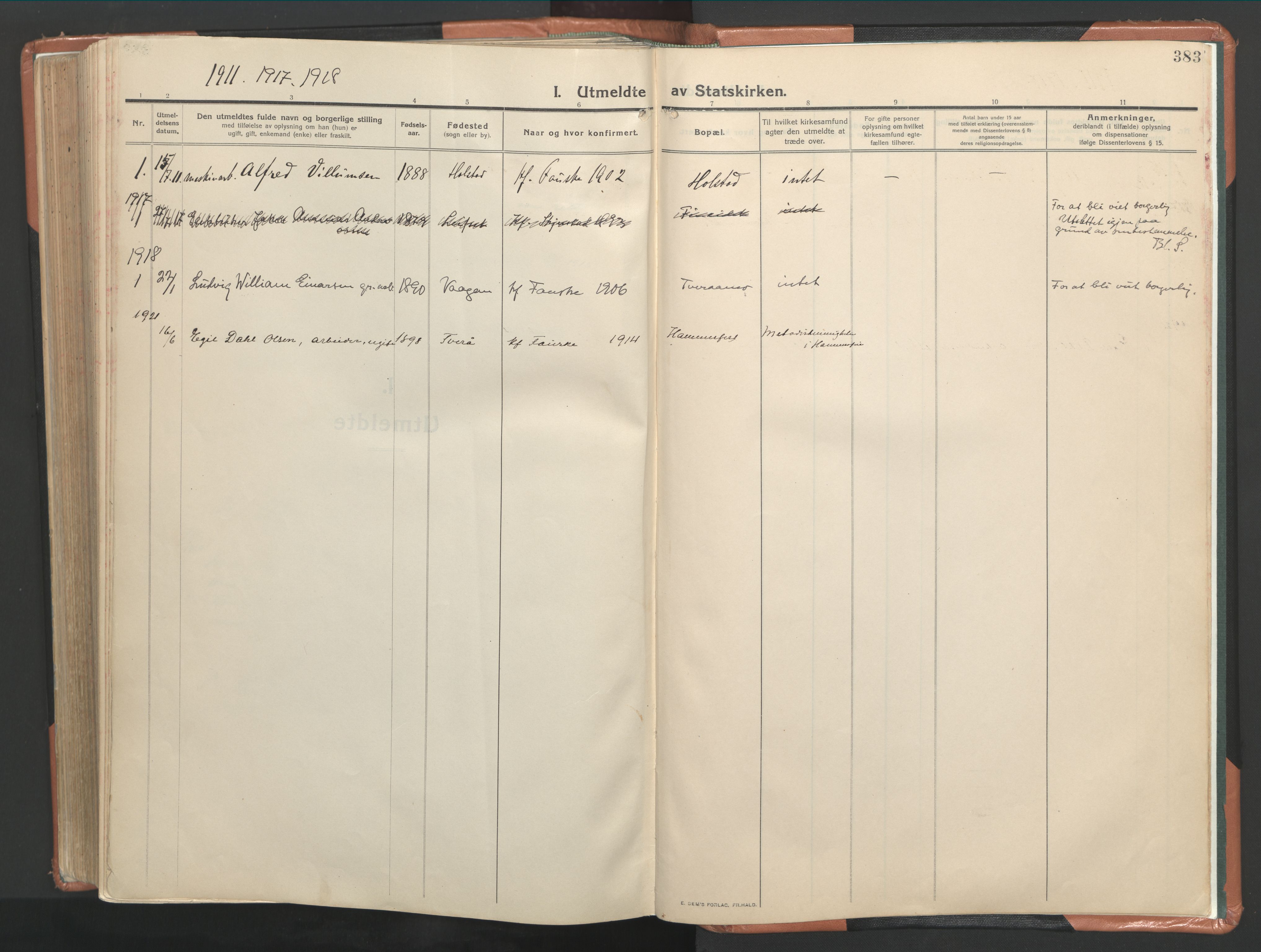 Ministerialprotokoller, klokkerbøker og fødselsregistre - Nordland, SAT/A-1459/849/L0698: Parish register (official) no. 849A09, 1911-1924, p. 383