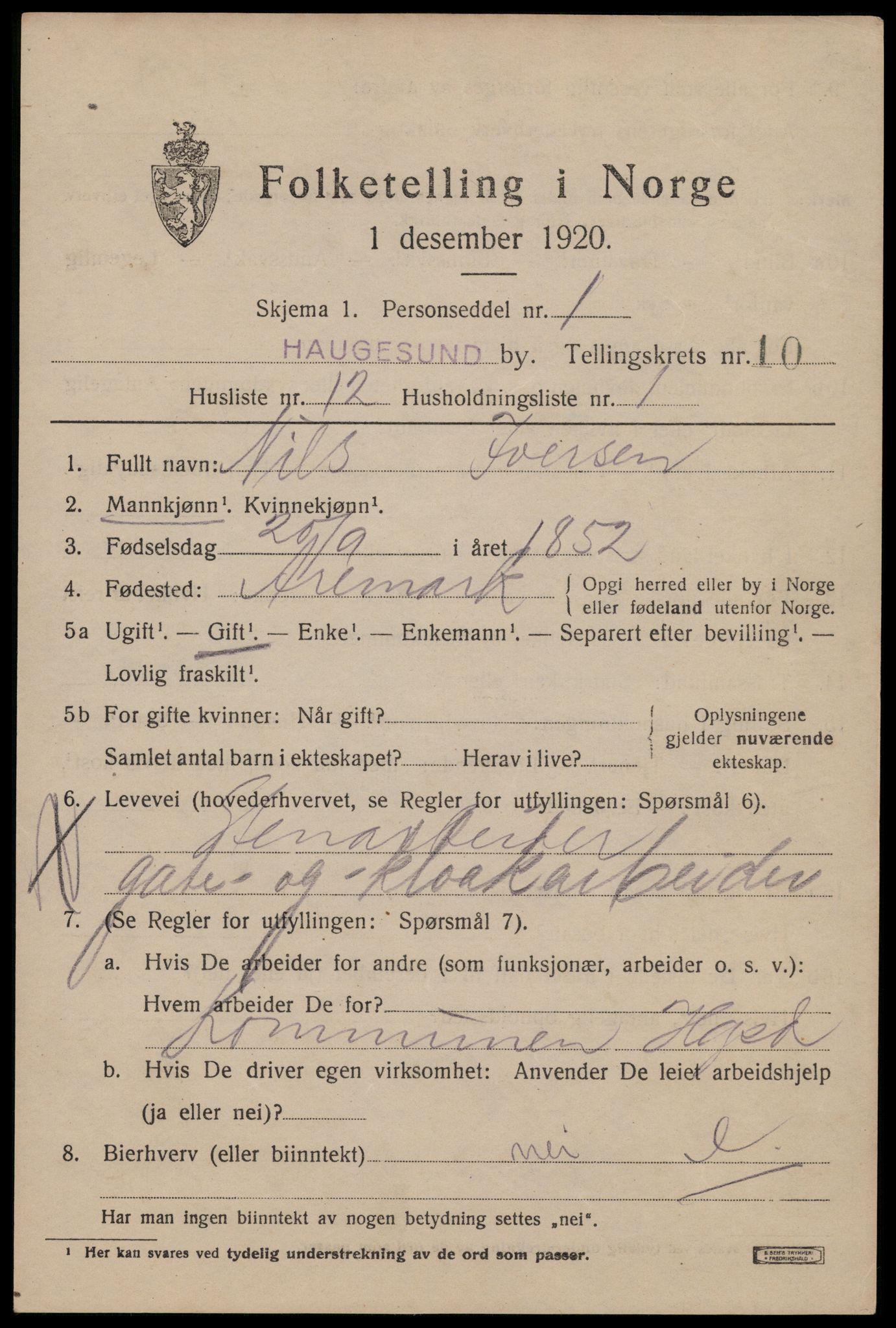 SAST, 1920 census for Haugesund, 1920, p. 33883