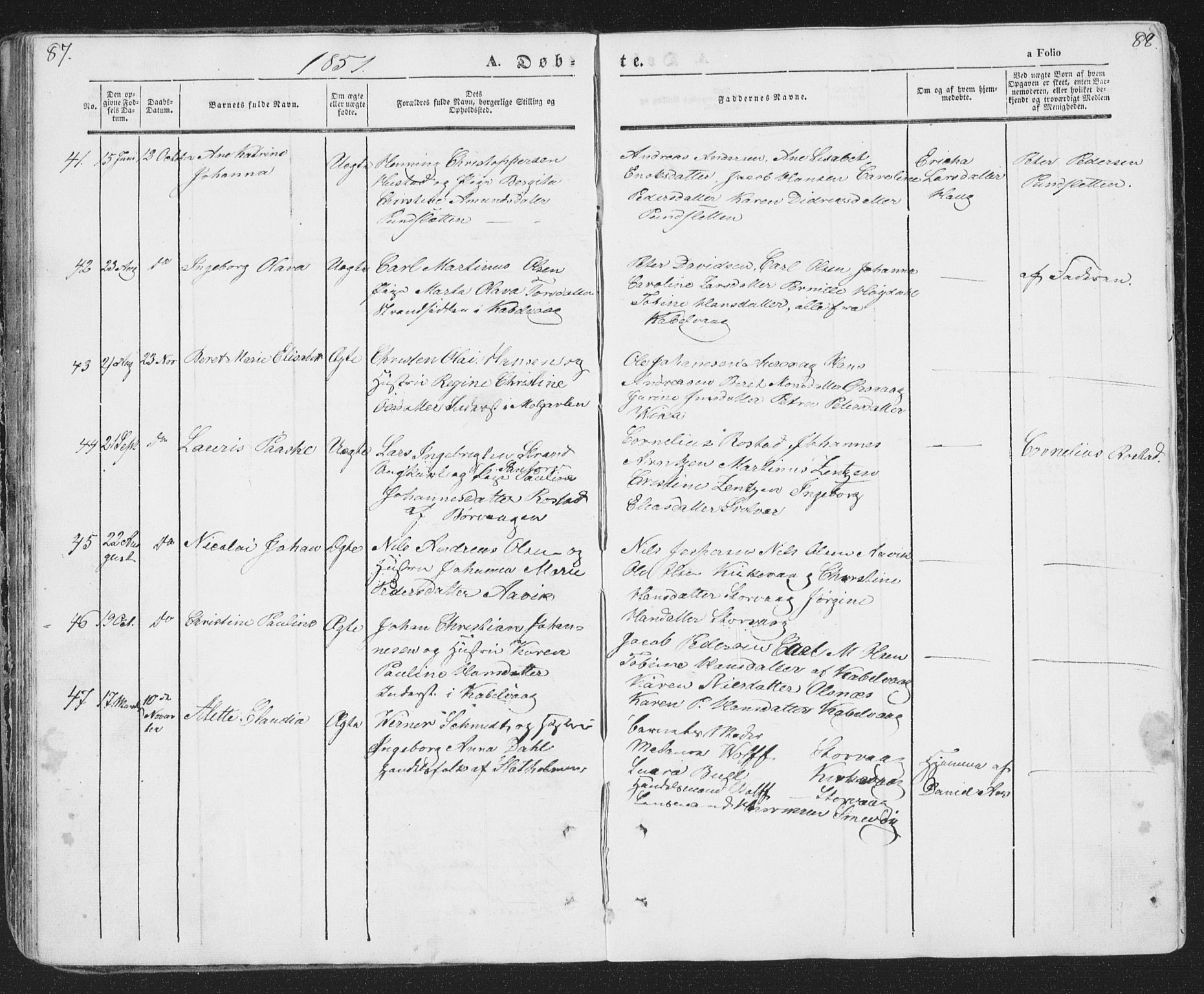 Ministerialprotokoller, klokkerbøker og fødselsregistre - Nordland, AV/SAT-A-1459/874/L1072: Parish register (copy) no. 874C01, 1843-1859, p. 87-88