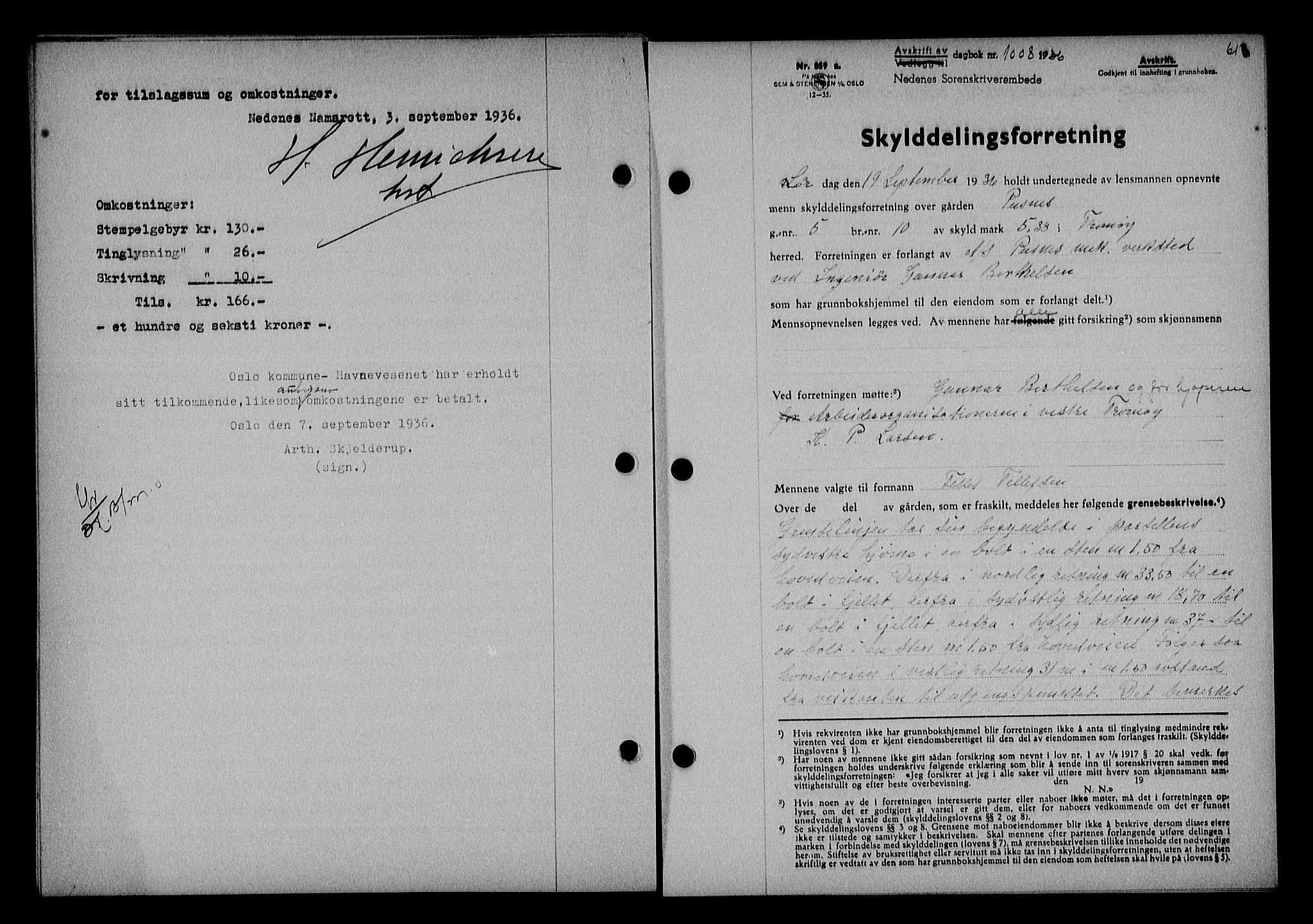 Nedenes sorenskriveri, SAK/1221-0006/G/Gb/Gba/L0043: Mortgage book no. 39, 1936-1937, Diary no: : 1008/1936