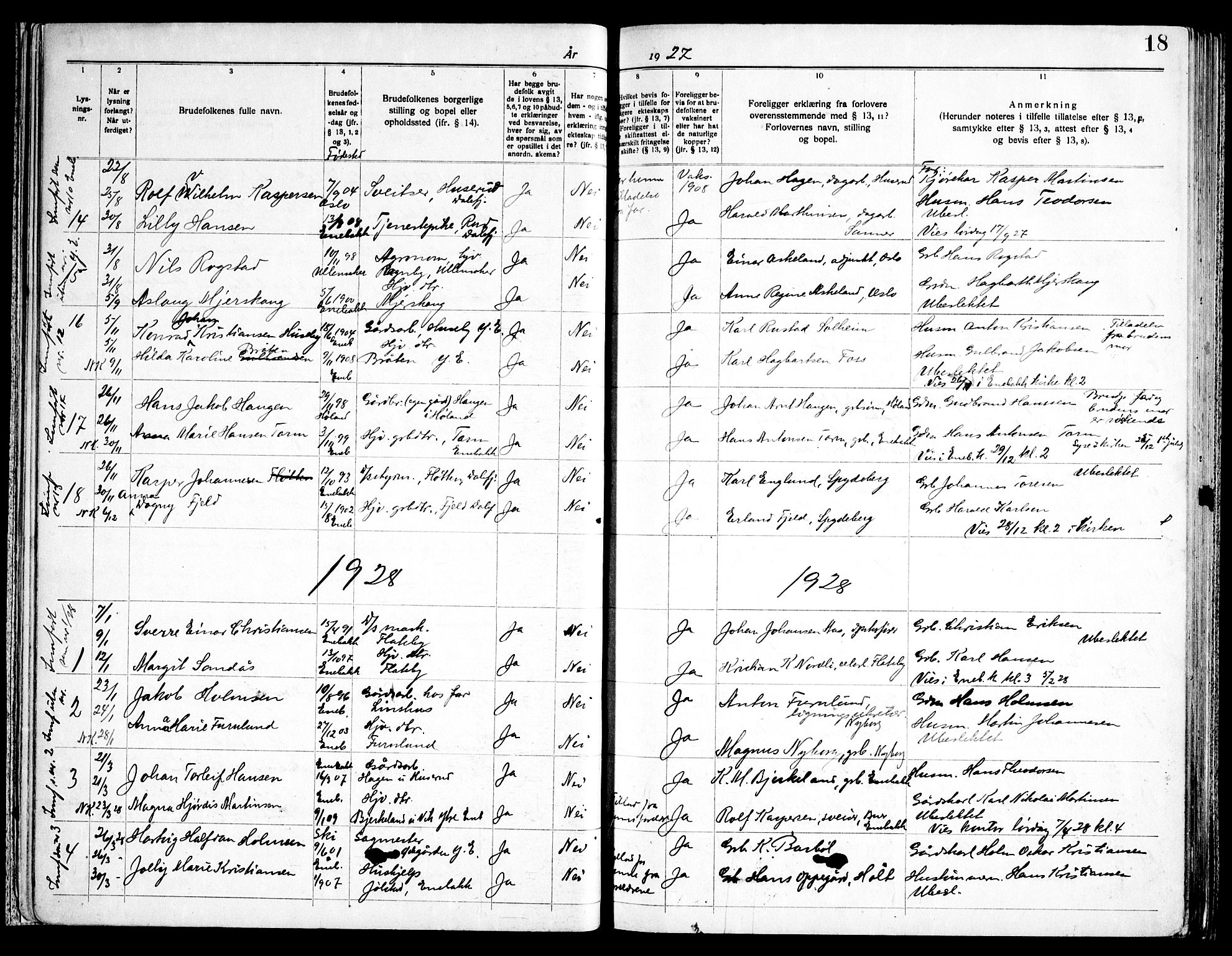 Enebakk prestekontor Kirkebøker, SAO/A-10171c/H/Ha/L0001: Banns register no. 1, 1919-1958, p. 18
