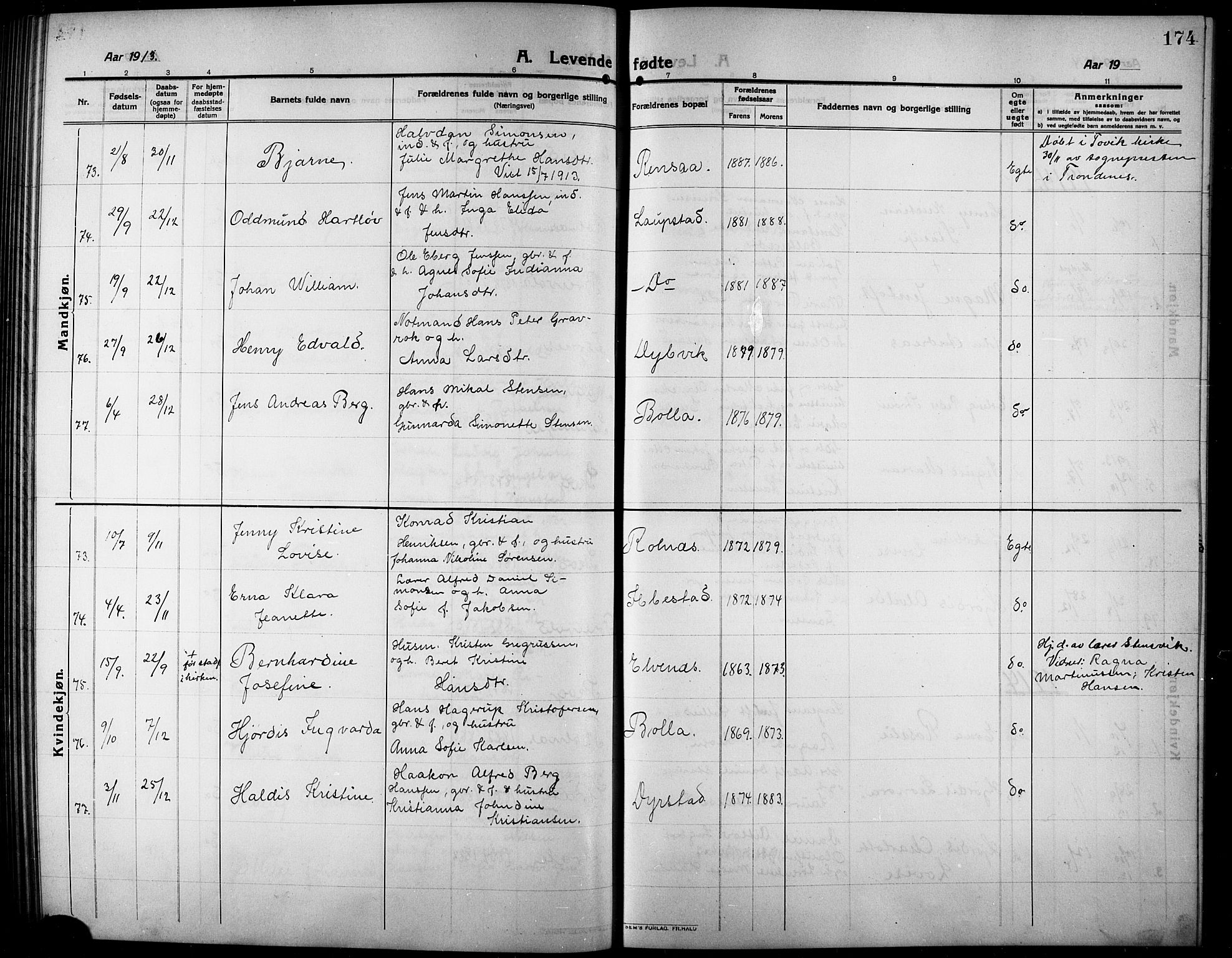 Ibestad sokneprestembete, SATØ/S-0077/H/Ha/Hab/L0009klokker: Parish register (copy) no. 9, 1902-1914, p. 174