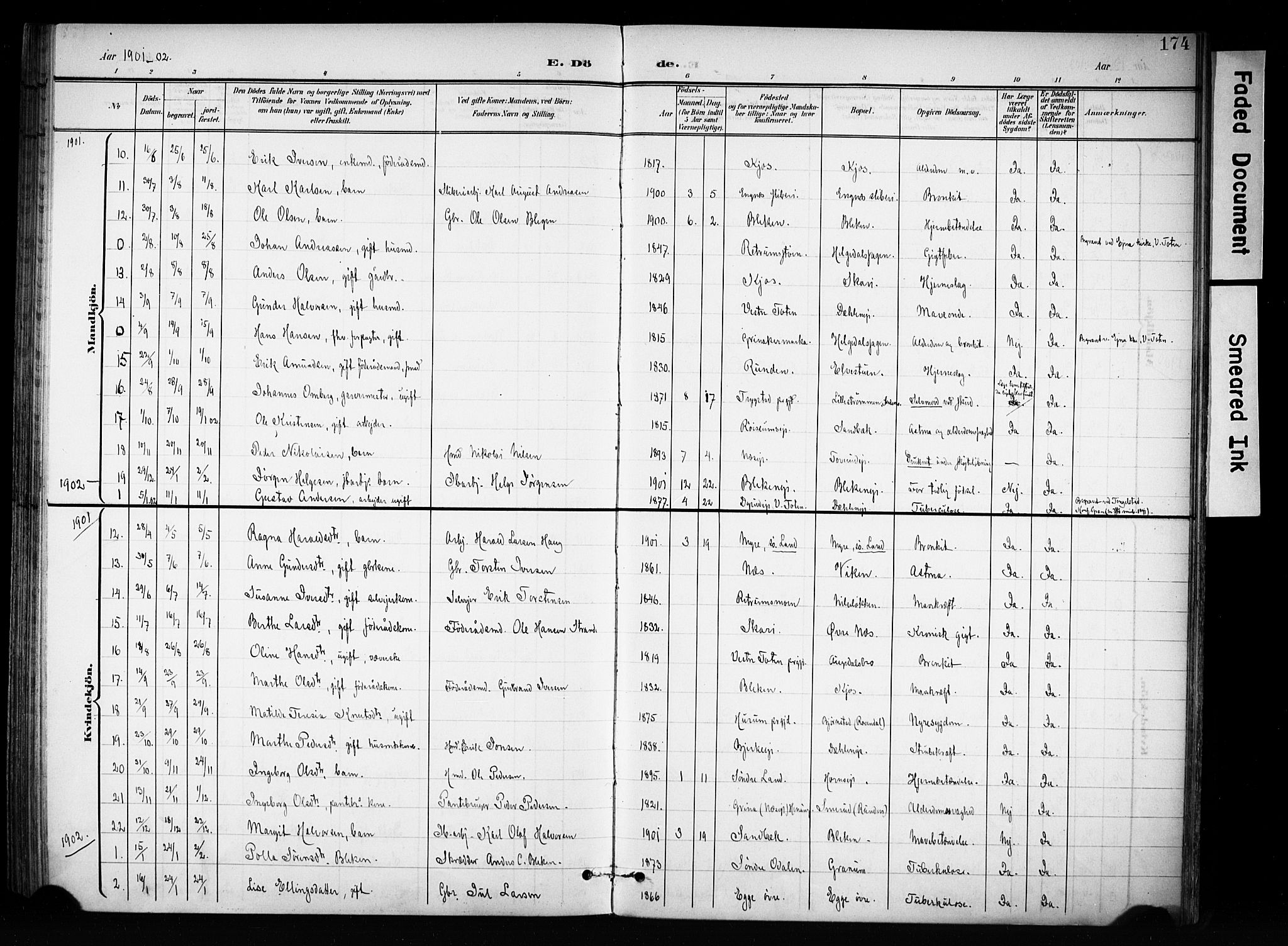 Brandbu prestekontor, AV/SAH-PREST-114/H/Ha/Haa/L0001: Parish register (official) no. 1, 1900-1912, p. 174