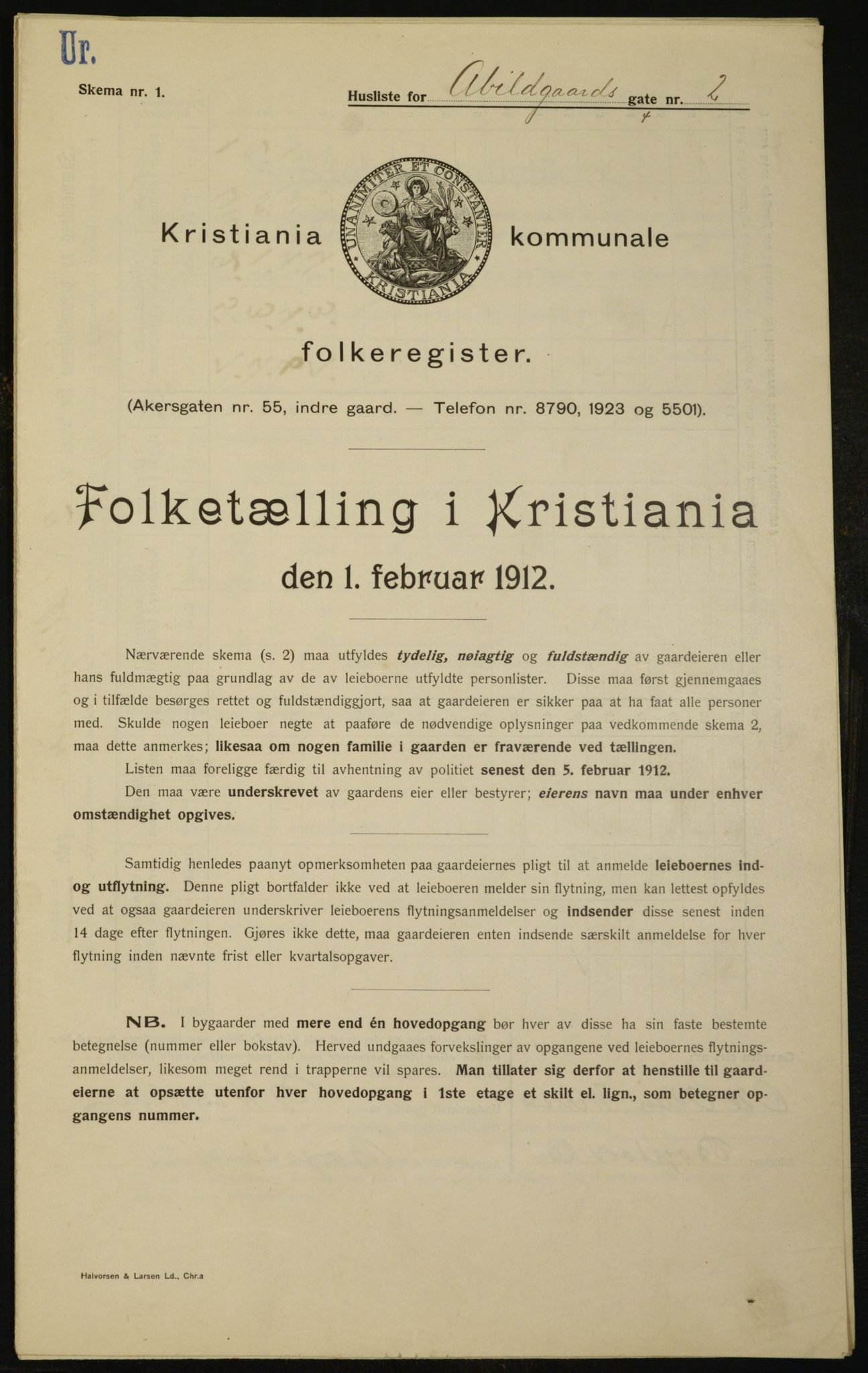 OBA, Municipal Census 1912 for Kristiania, 1912, p. 2