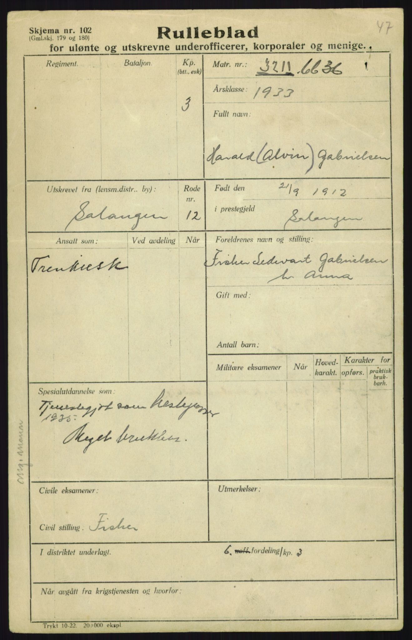 Forsvaret, Troms infanteriregiment nr. 16, AV/RA-RAFA-3146/P/Pa/L0017: Rulleblad for regimentets menige mannskaper, årsklasse 1933, 1933, p. 315