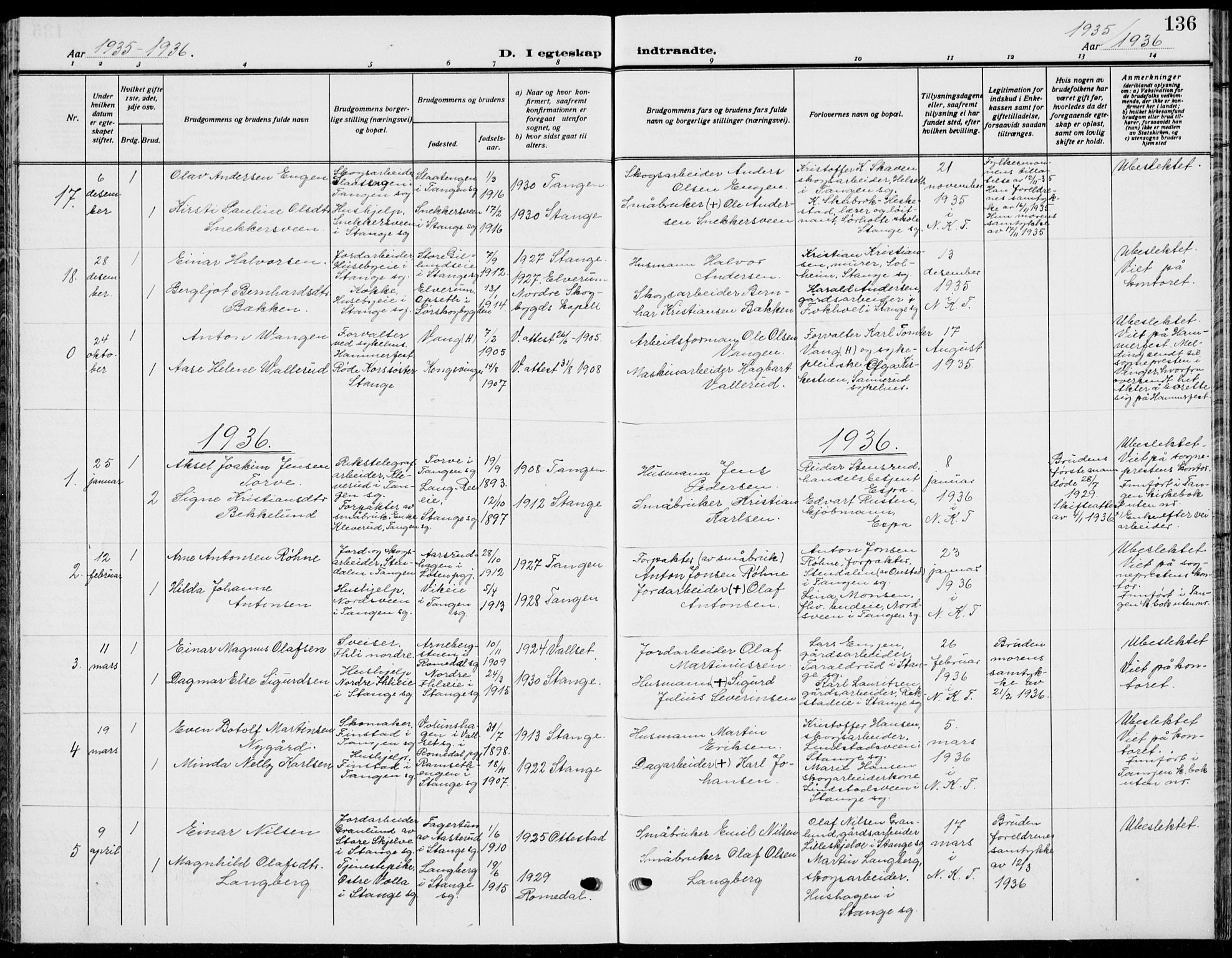 Stange prestekontor, AV/SAH-PREST-002/L/L0018: Parish register (copy) no. 18, 1929-1937, p. 136