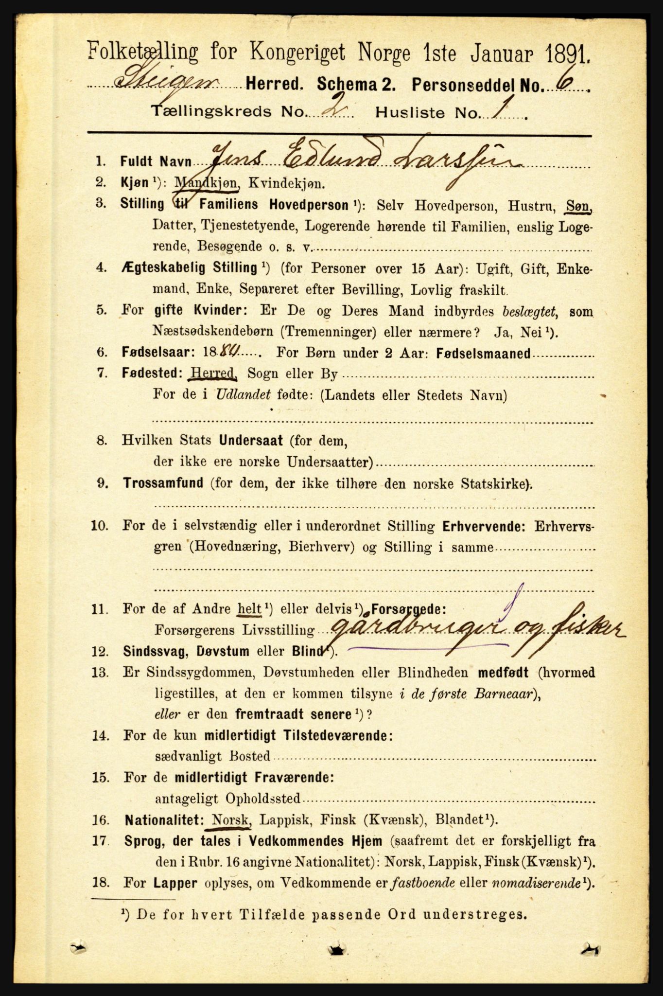 RA, 1891 census for 1848 Steigen, 1891, p. 657