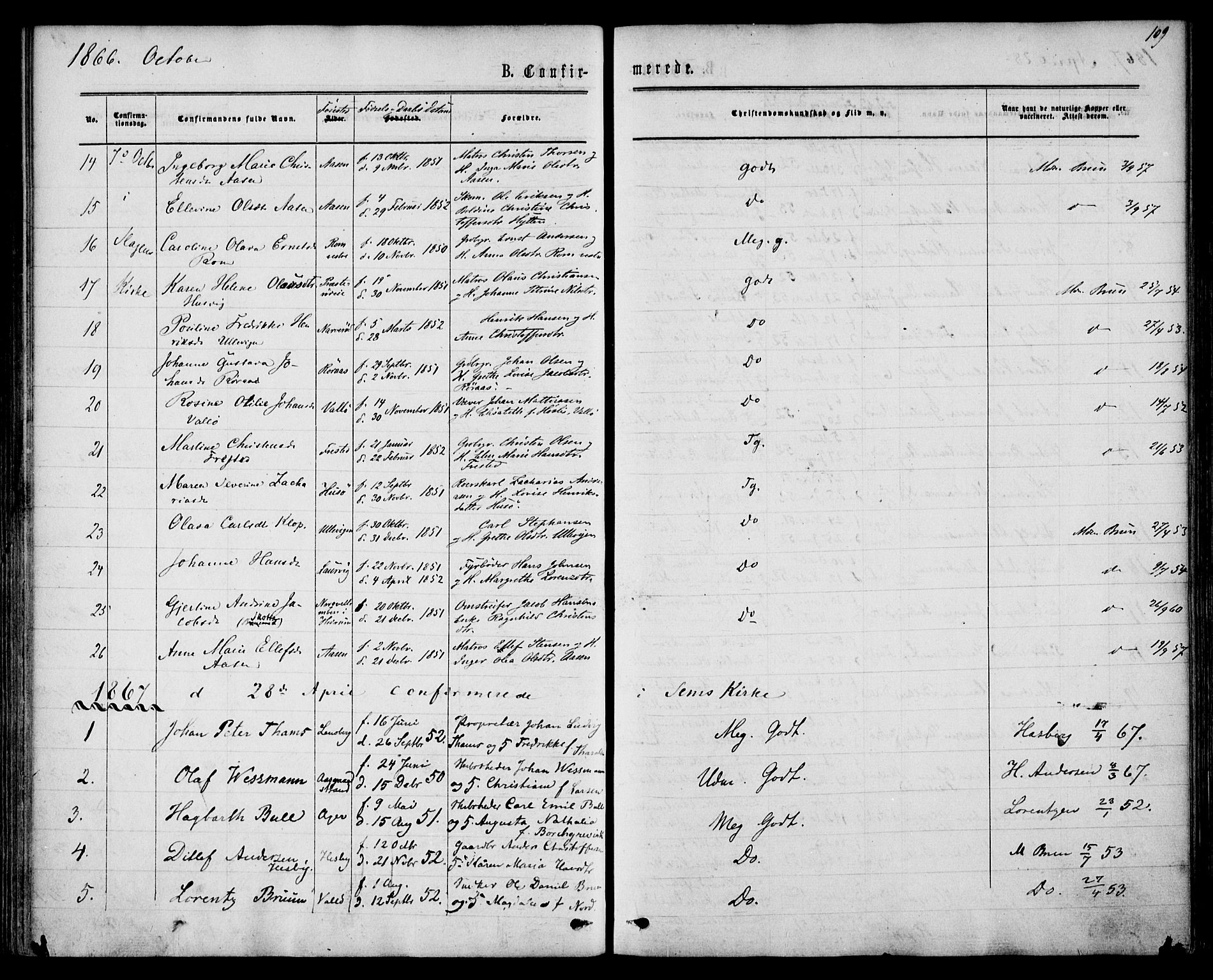 Sem kirkebøker, AV/SAKO-A-5/F/Fa/L0008: Parish register (official) no. I 8, 1866-1873, p. 109