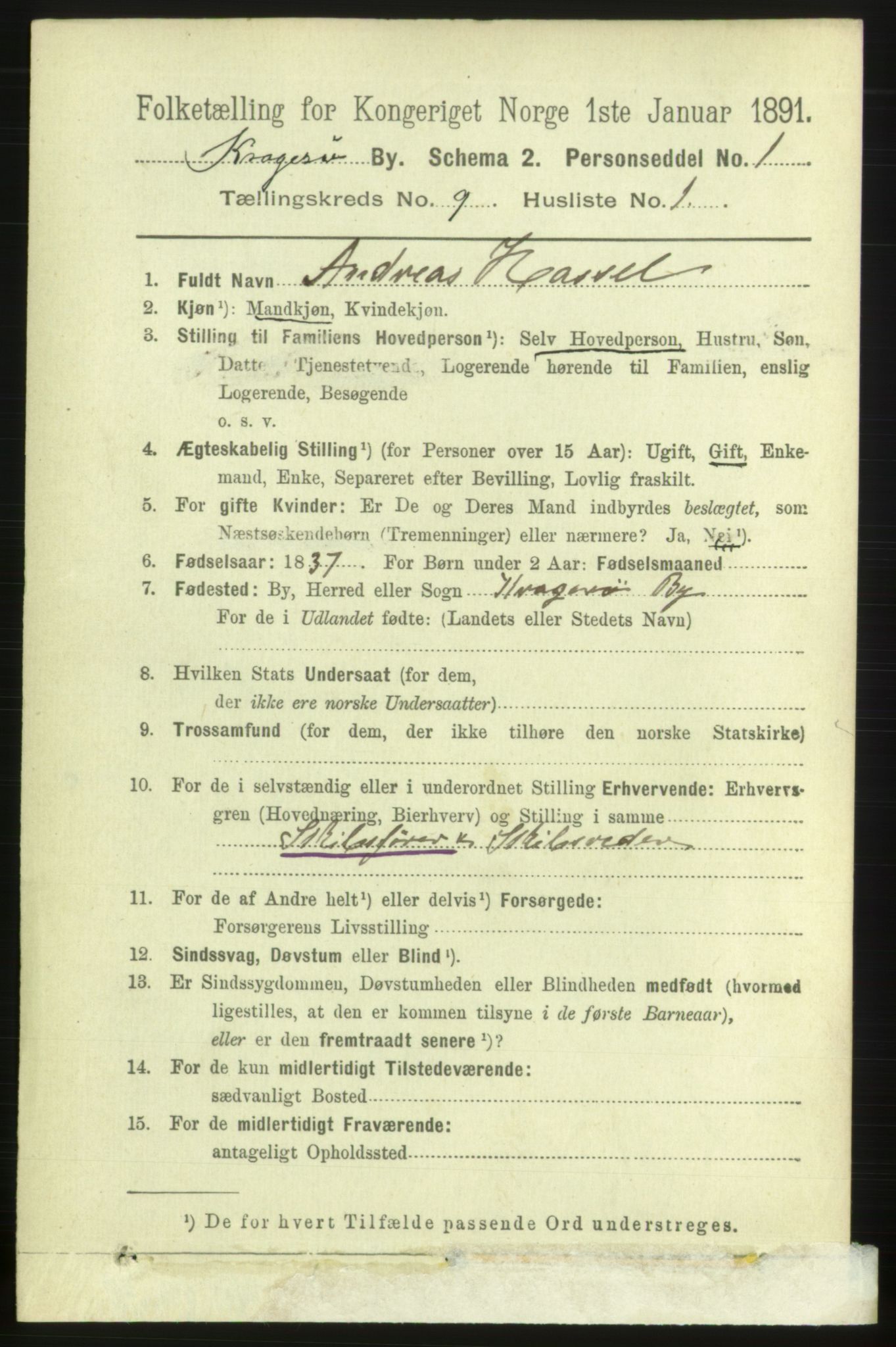 RA, 1891 census for 0801 Kragerø, 1891, p. 3658