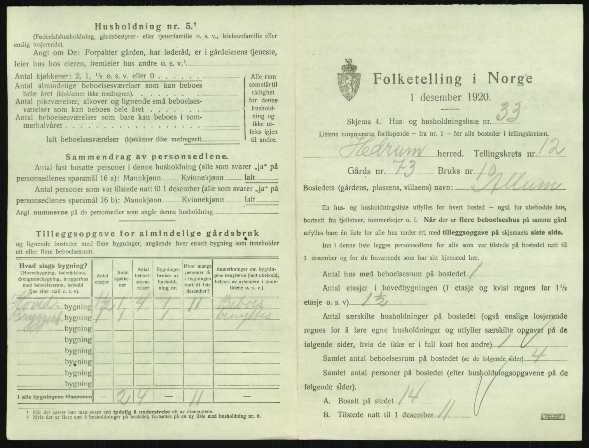 SAKO, 1920 census for Hedrum, 1920, p. 1143