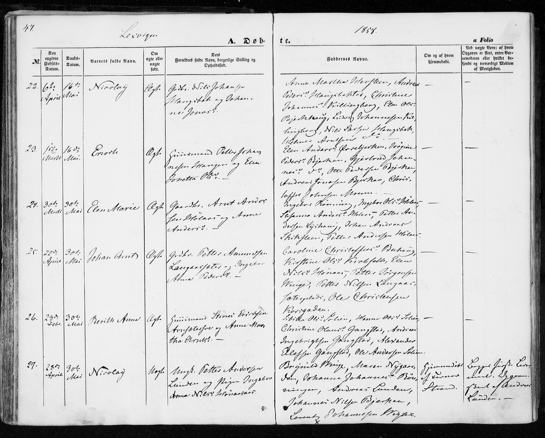 Ministerialprotokoller, klokkerbøker og fødselsregistre - Nord-Trøndelag, AV/SAT-A-1458/701/L0008: Parish register (official) no. 701A08 /1, 1854-1863, p. 47