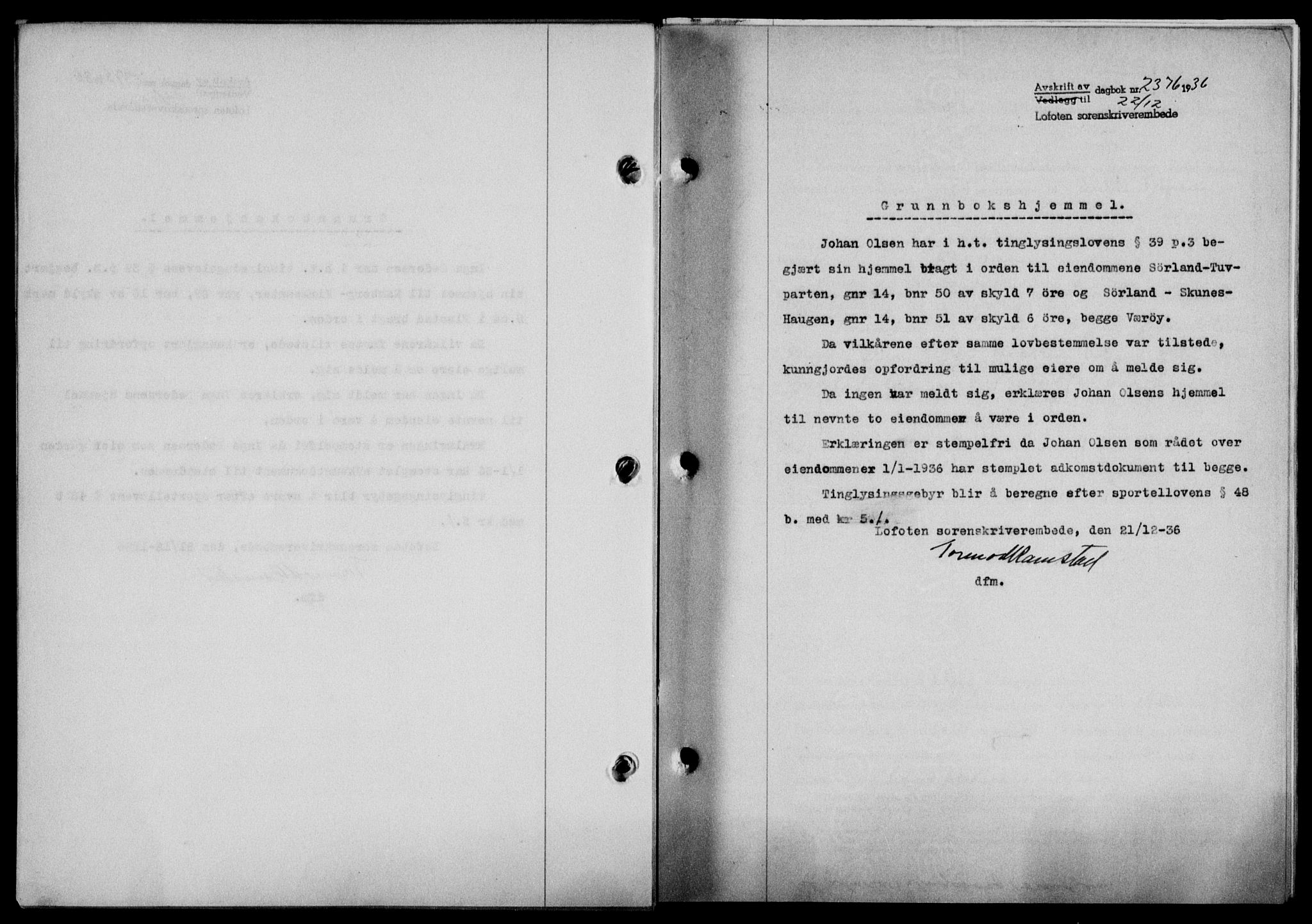 Lofoten sorenskriveri, SAT/A-0017/1/2/2C/L0001a: Mortgage book no. 1a, 1936-1937, Diary no: : 2376/1936