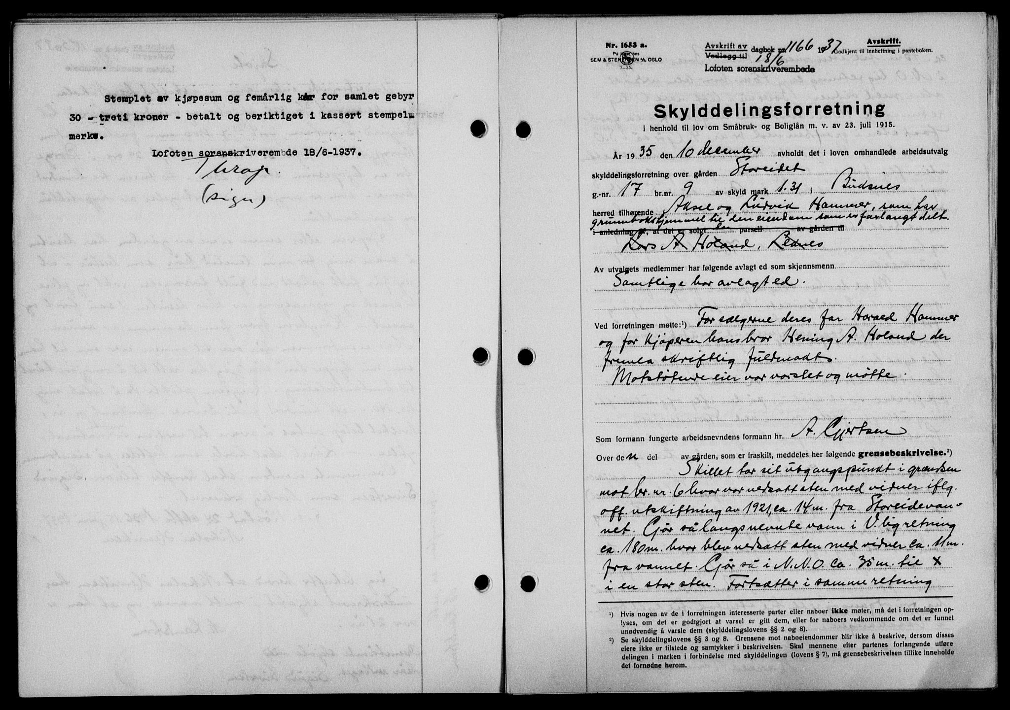 Lofoten sorenskriveri, SAT/A-0017/1/2/2C/L0002a: Mortgage book no. 2a, 1937-1937, Diary no: : 1166/1937