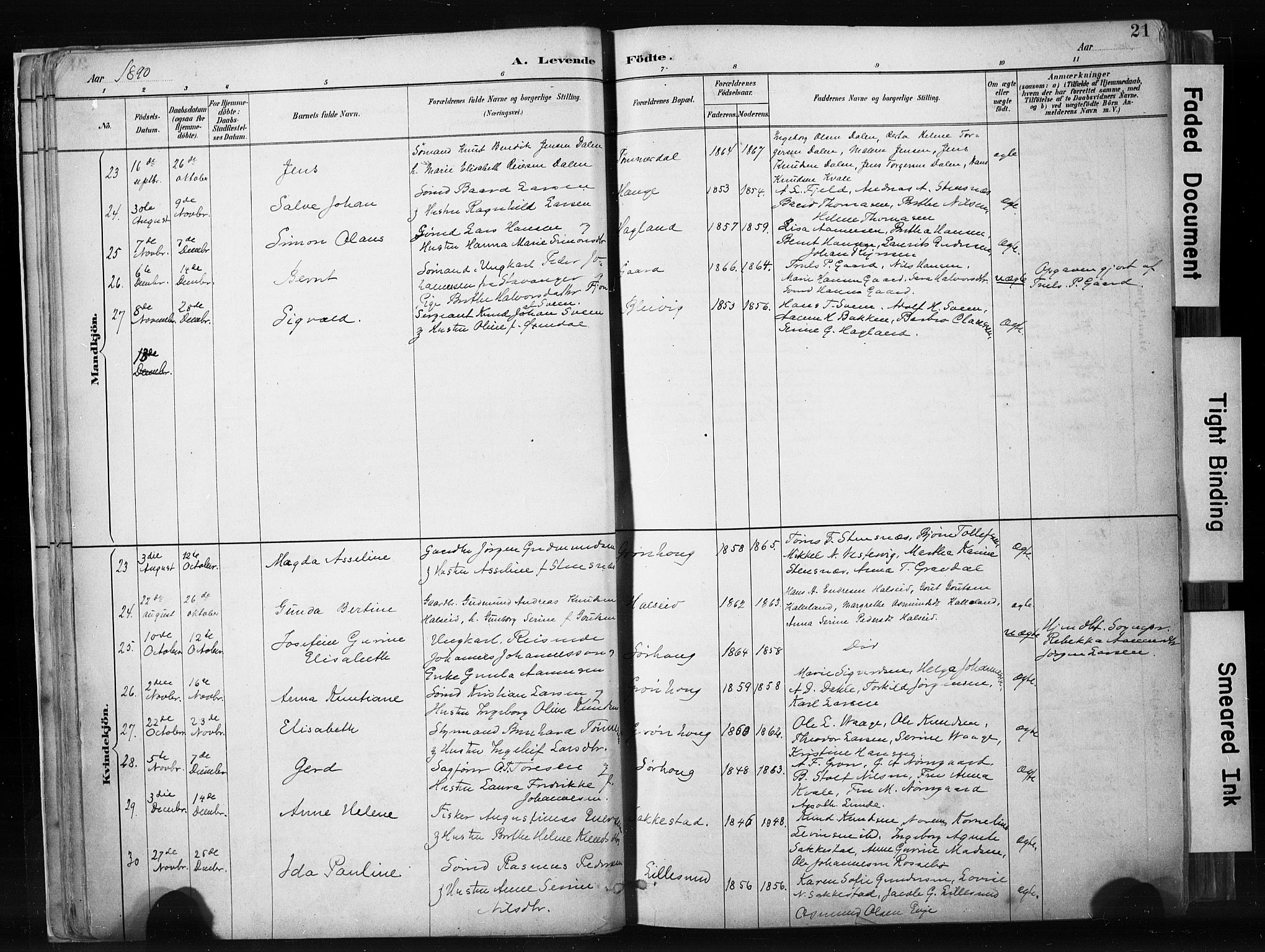 Haugesund sokneprestkontor, AV/SAST-A -101863/H/Ha/Haa/L0004: Parish register (official) no. A 4, 1886-1908, p. 21