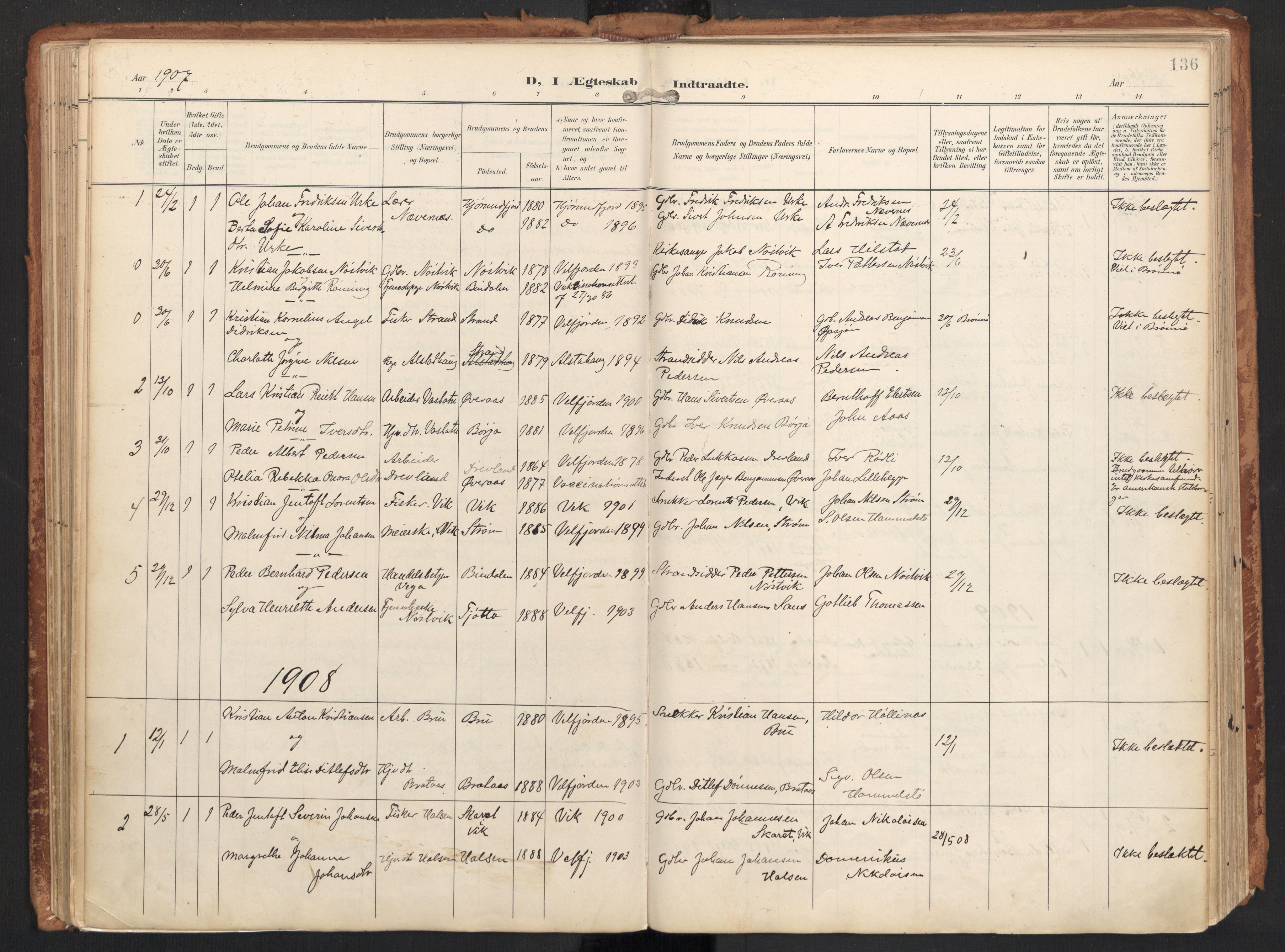 Ministerialprotokoller, klokkerbøker og fødselsregistre - Nordland, SAT/A-1459/814/L0227: Parish register (official) no. 814A08, 1899-1920, p. 136