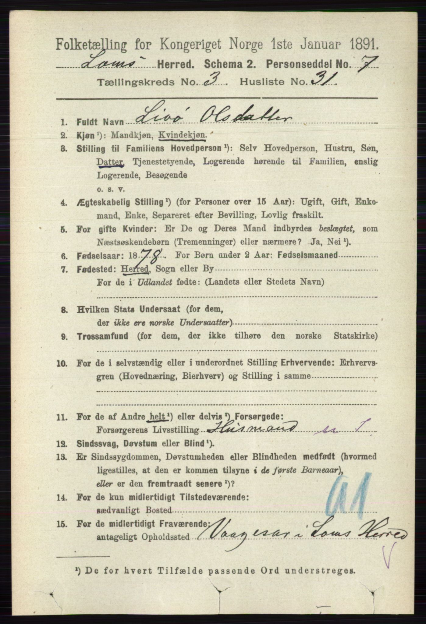 RA, 1891 census for 0514 Lom, 1891, p. 1443