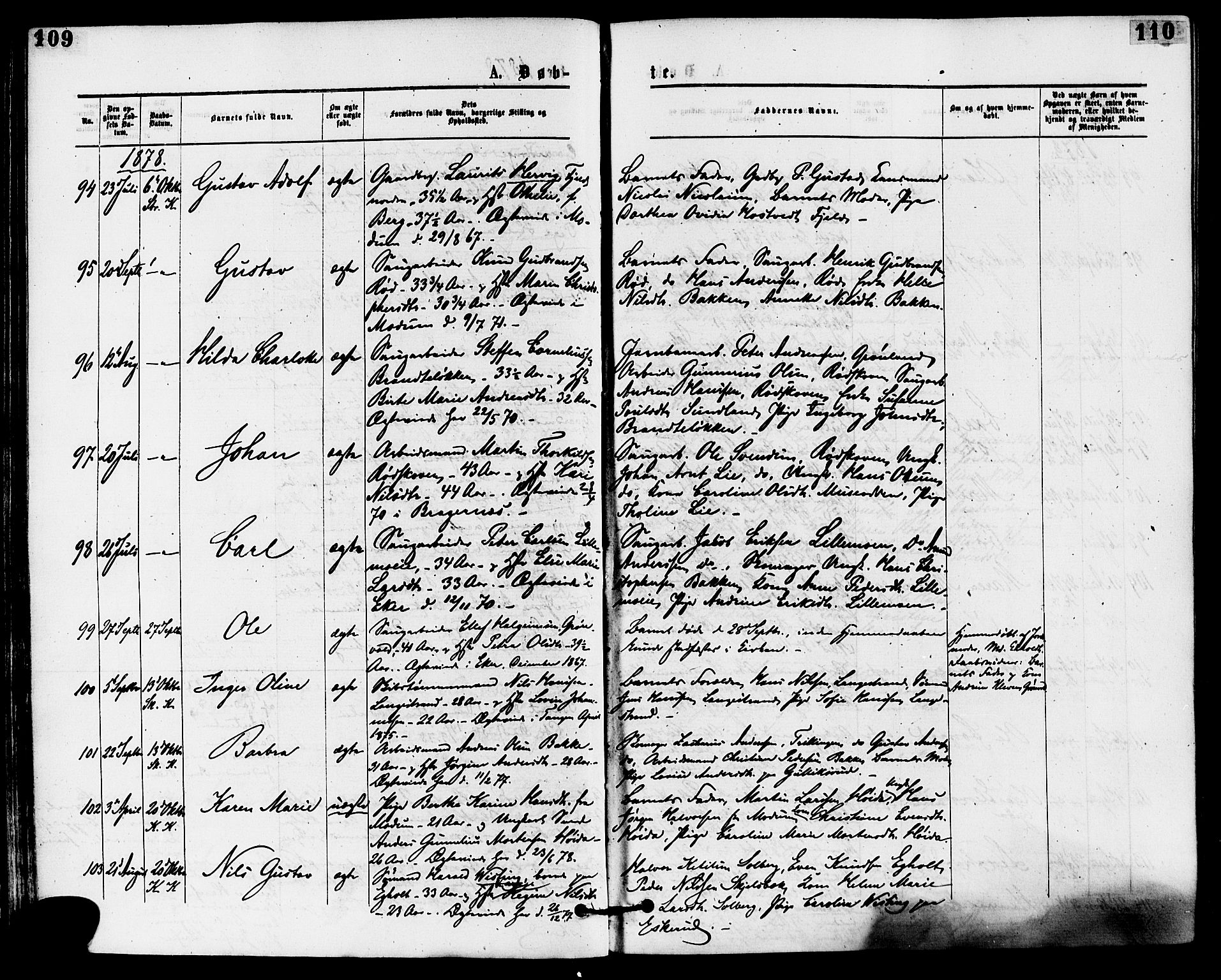 Skoger kirkebøker, AV/SAKO-A-59/F/Fa/L0005: Parish register (official) no. I 5, 1873-1884, p. 109-110