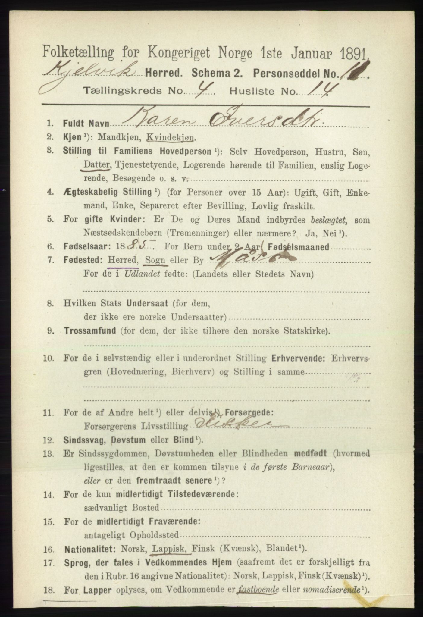 RA, 1891 census for 2019 Kjelvik, 1891, p. 520