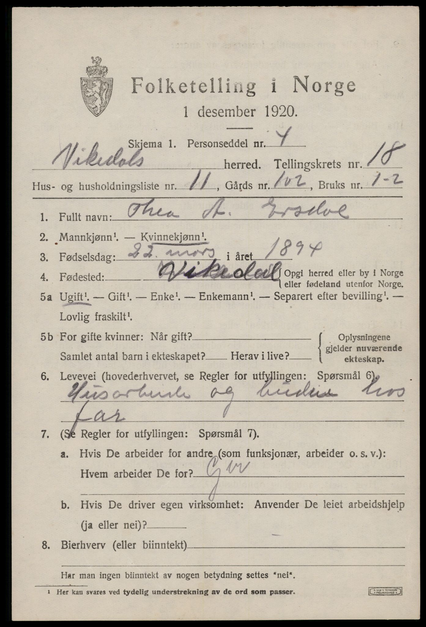 SAST, 1920 census for Vikedal, 1920, p. 5297