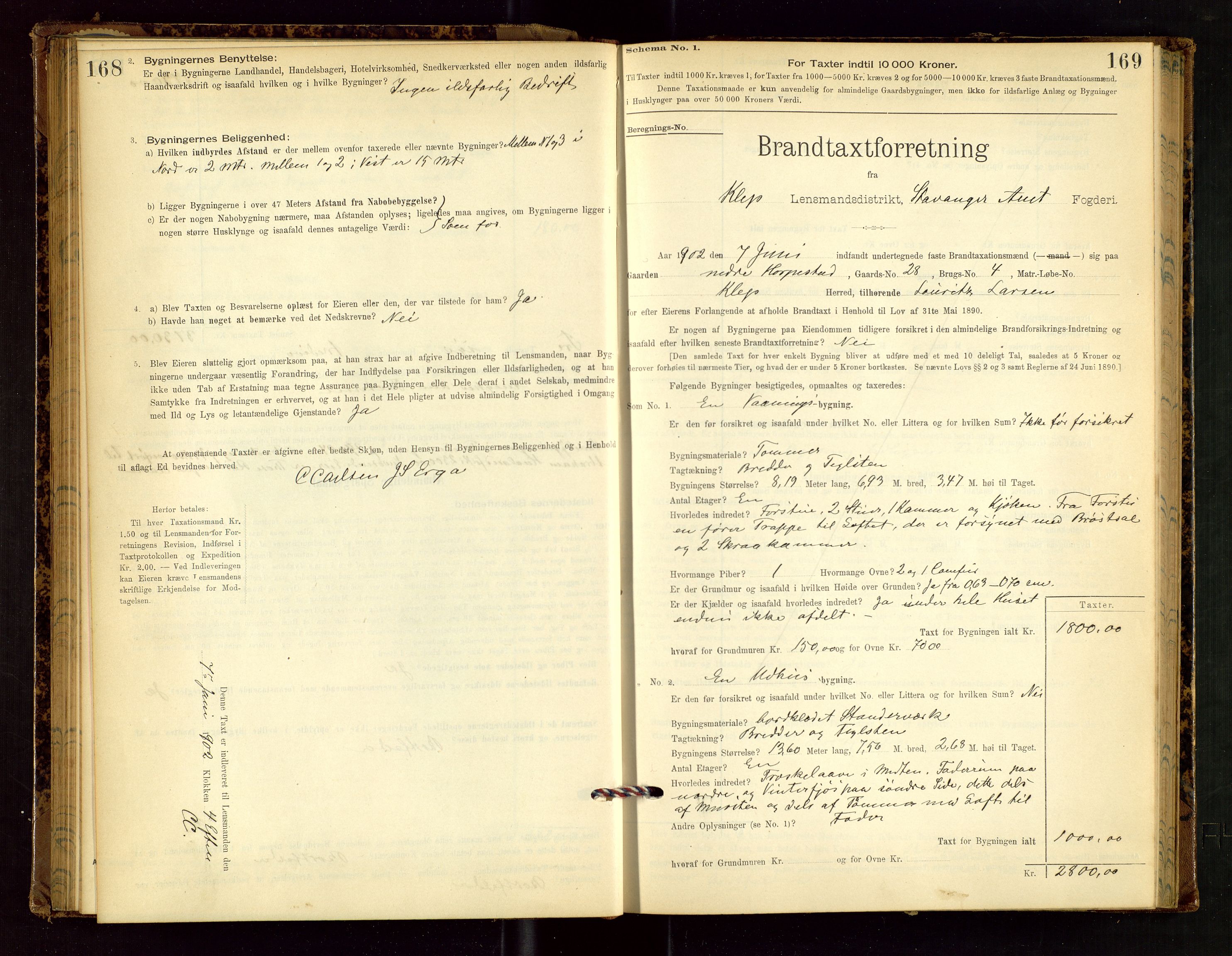 Klepp lensmannskontor, SAST/A-100163/Goc/L0002: "Brandtaxationsprotokol" m/register, 1898-1902, p. 168-169