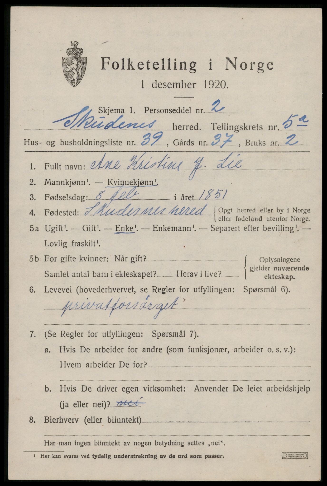 SAST, 1920 census for Skudenes, 1920, p. 4464