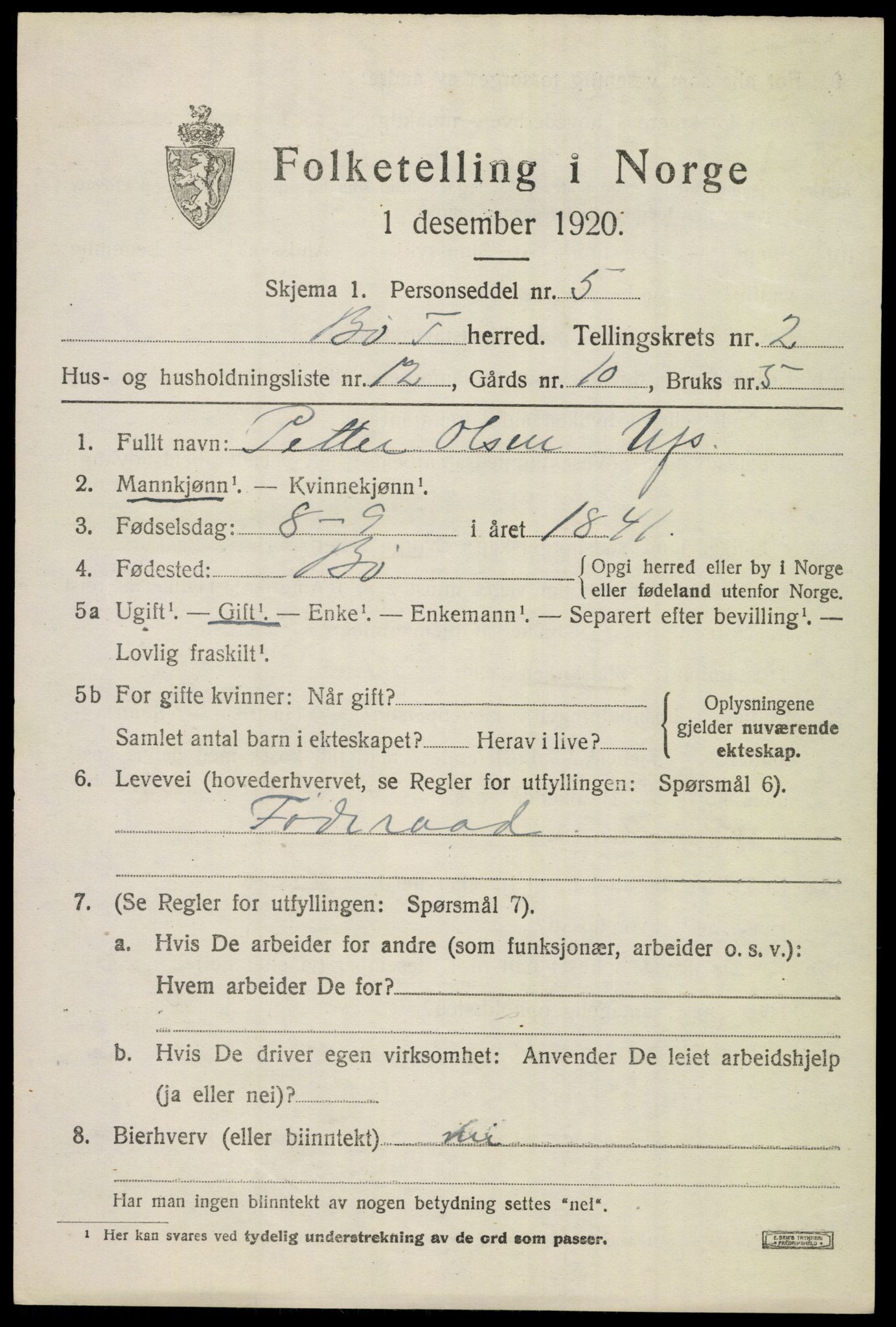 SAKO, 1920 census for Bø (Telemark), 1920, p. 1858